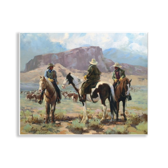 Stupell Industries Cowboy Group with Cattle Landscape & Nature Painting Unframed Art Print Wall Art, 14 x 11
