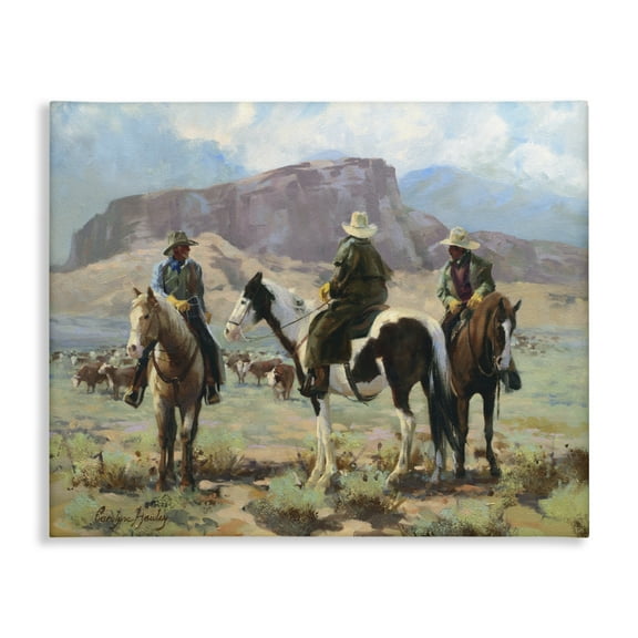 Stupell Industries Cowboy Group with Cattle Landscape & Nature Painting Wrapped Canvas Canvas Art Print Wall Art, 20 x 16