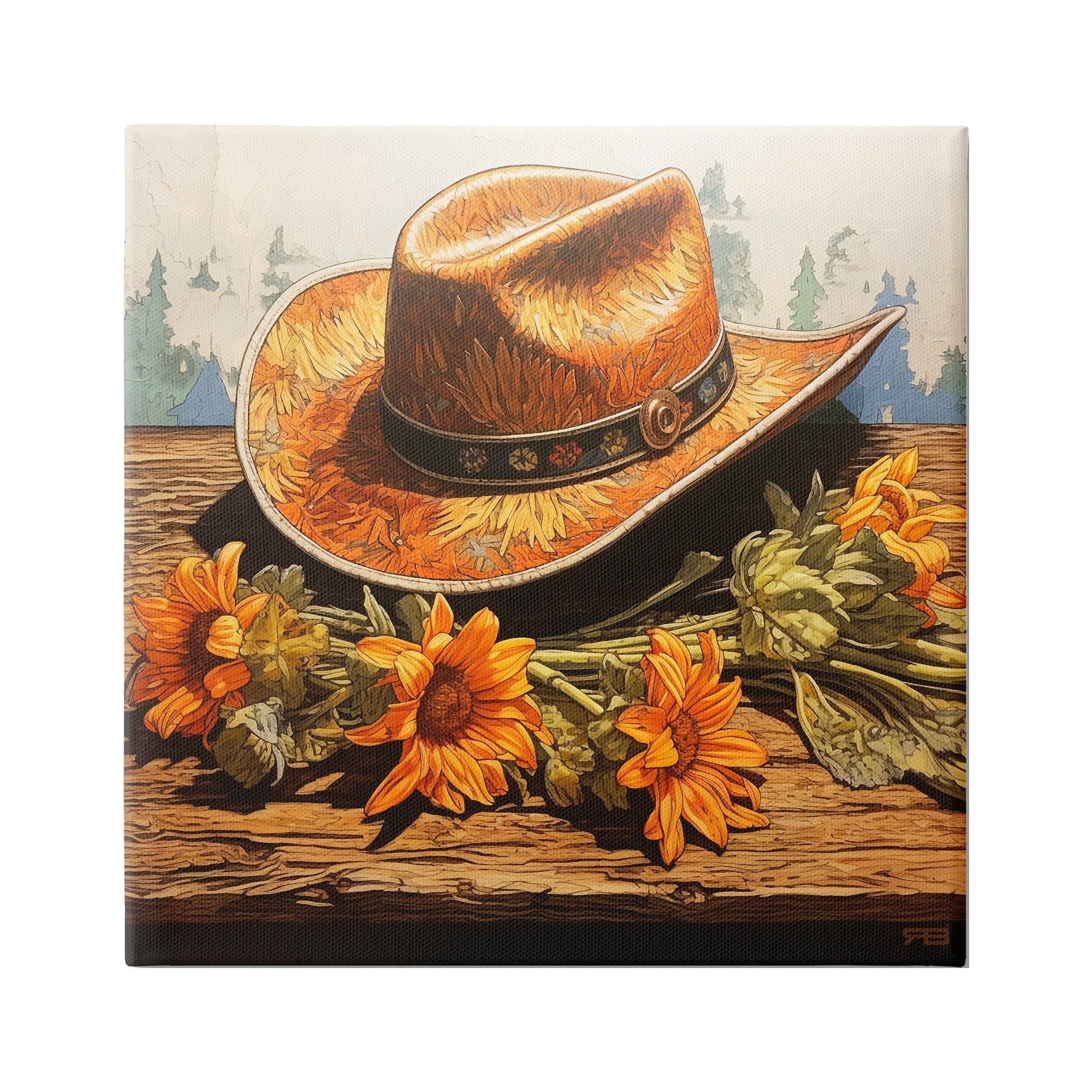 Stupell Industries Cowboy Hat with Sunflowers Botanical & Floral Painting Gallery Wrapped Canvas Art Print Wall Art, 17 x 17