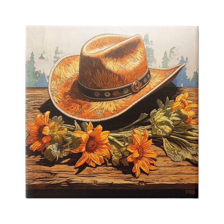 Hand Painted Western Cowboy Hat Rooster Sunflower Barn Farm Art Hat Boho Rustic Sunflowers Hand Burned and Painted on a Dark Beige Suede  main image 3