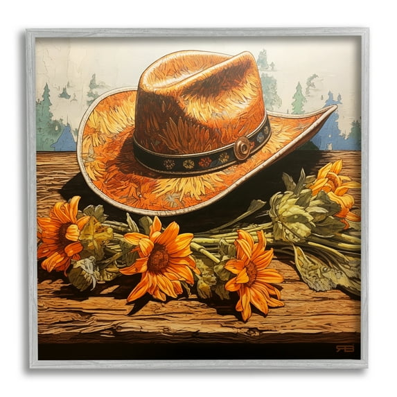Stupell Industries Cowboy Hat with Sunflowers Botanical & Floral Painting Gray Framed Art Print Wall Art, 24 x 24