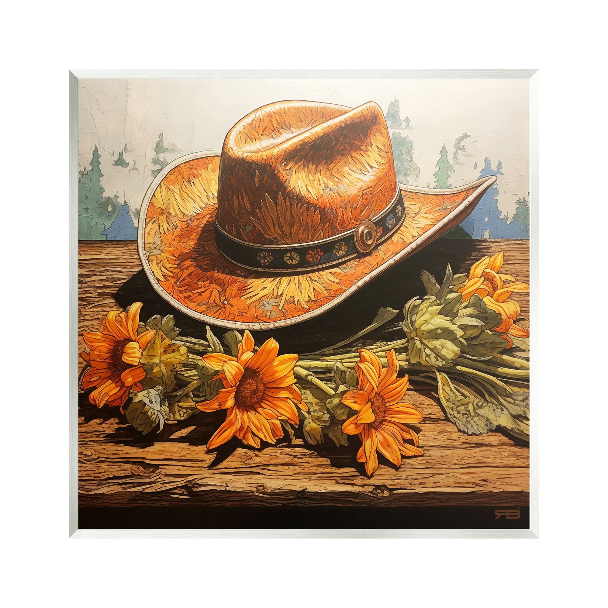 Stupell Industries Cowboy Hat with Sunflowers Botanical & Floral Painting Unframed Art Print Wall Art, 12 x 12