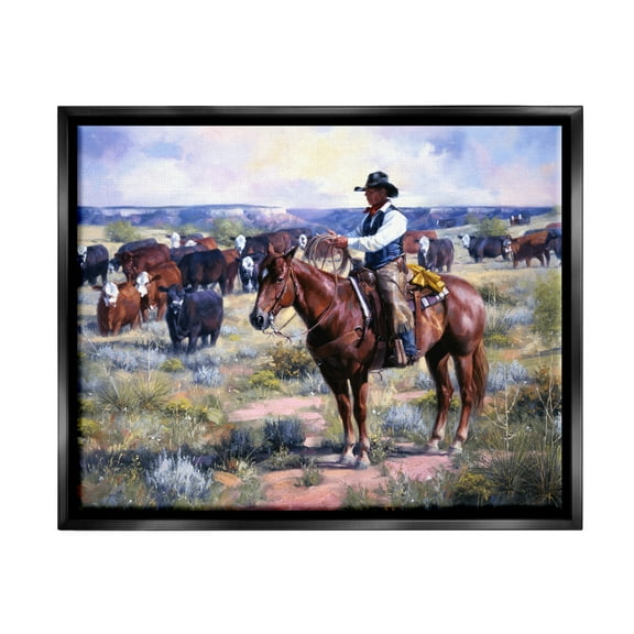 Stupell Industries Cowboy Herding Cattle Ranch Animals & Insects Painting Black Floater Framed Art Print Wall Art, 21 x 17