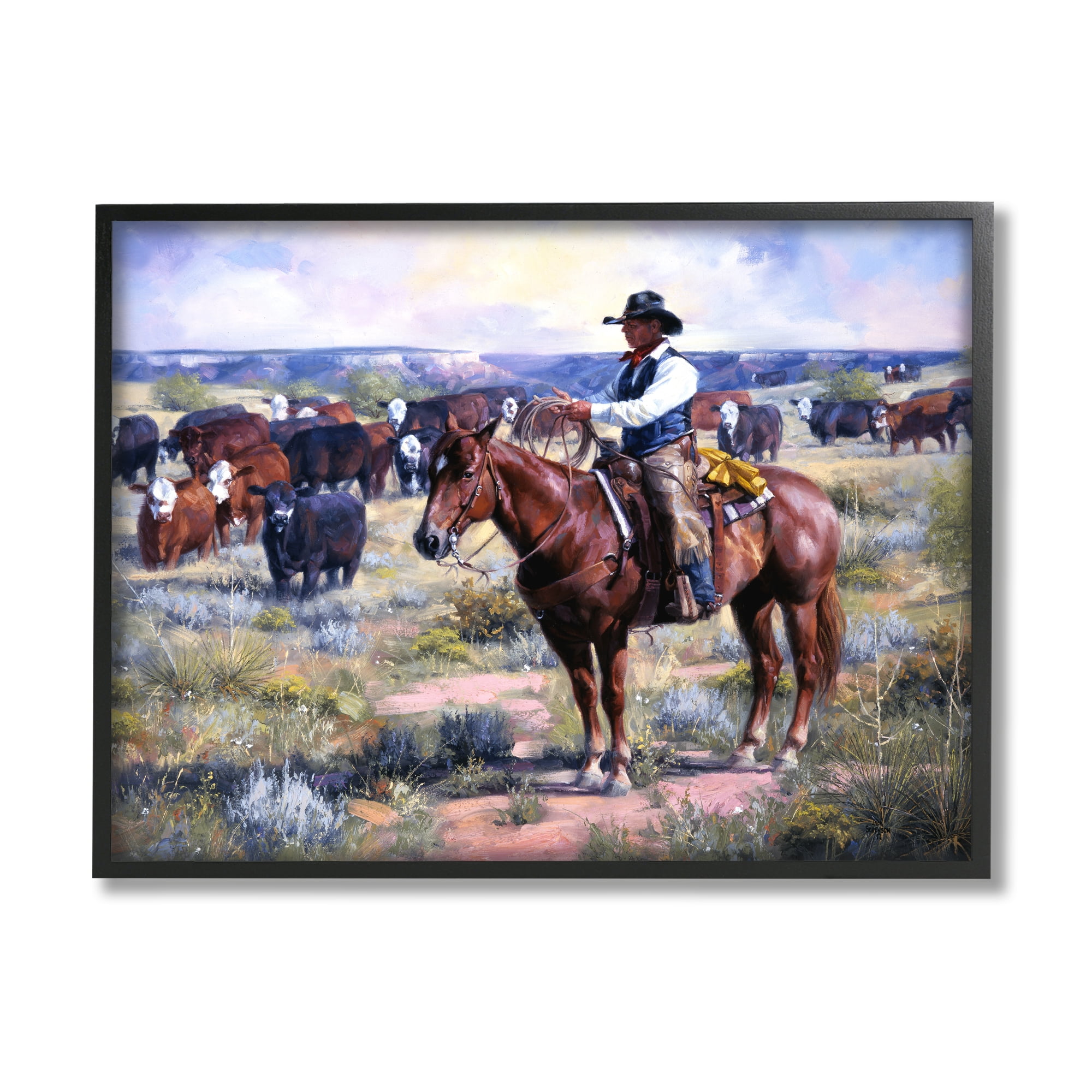 Stupell Industries Cowboy Herding Cattle Ranch Animals & Insects Painting Black Framed Art Print Wall Art, 30 x 24