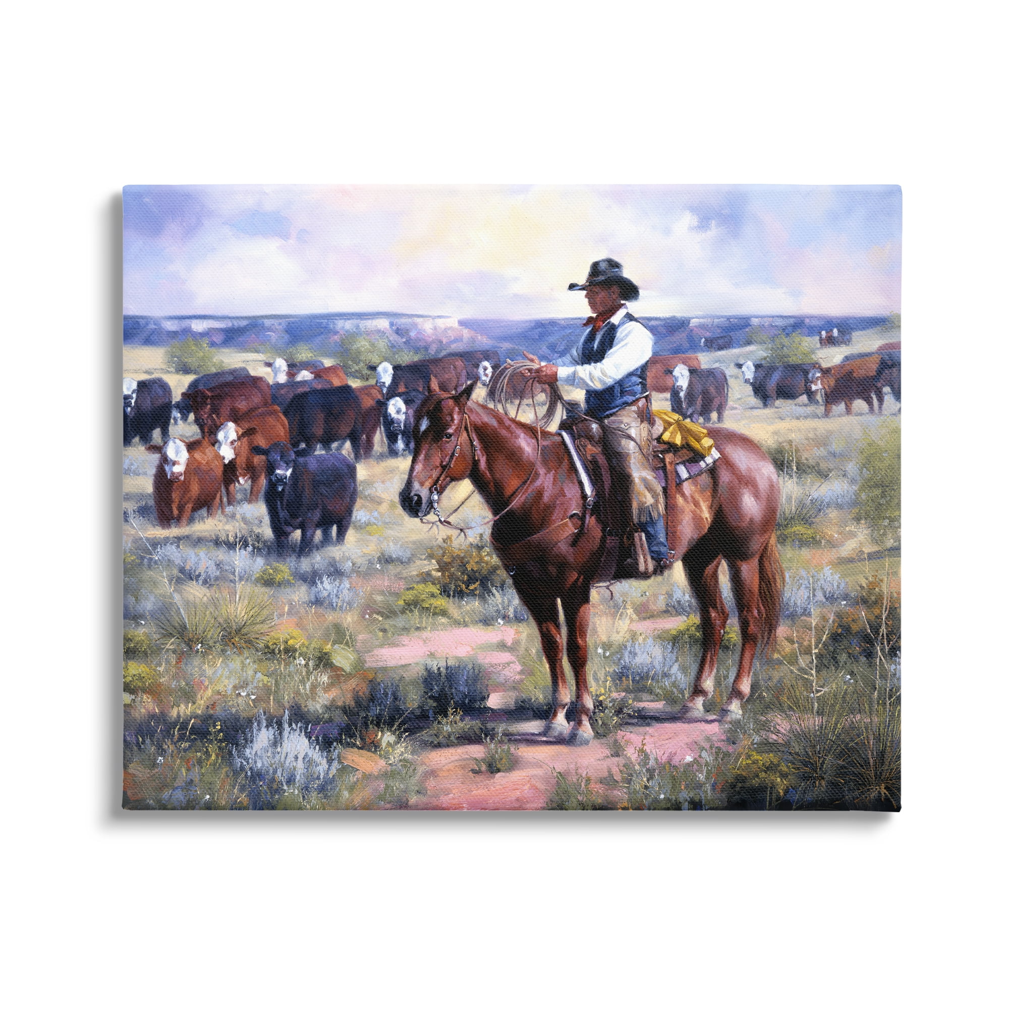 Stupell Industries Cowboy Herding Cattle Ranch Animals & Insects Painting Gallery Wrapped Canvas Print Wall Art, 40 x 30