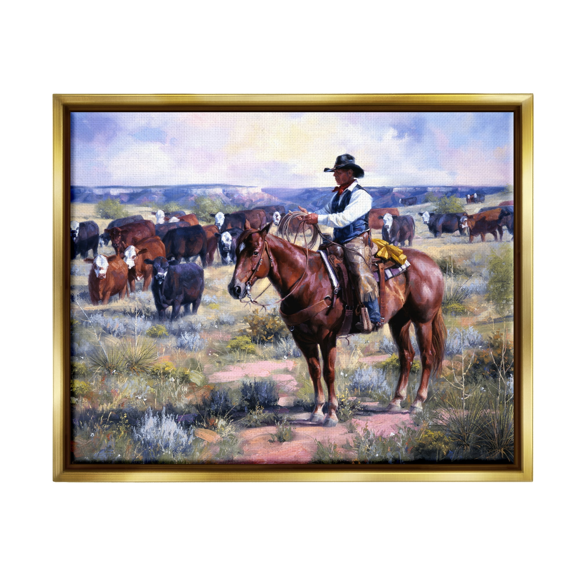 Stupell Industries Cowboy Herding Cattle Ranch Animals & Insects Painting Gold Floater Framed Art Print Wall Art, 21 x 17