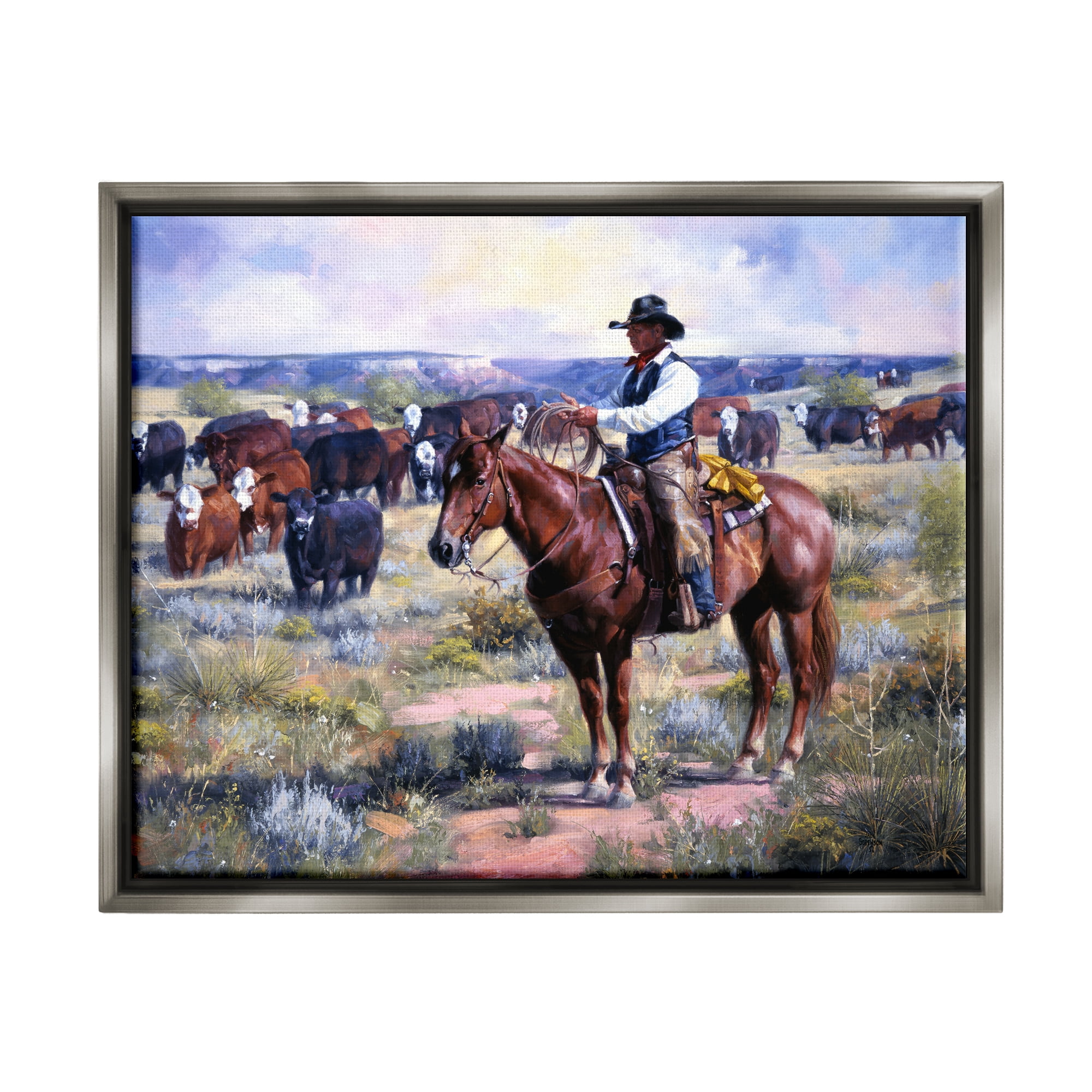 Stupell Industries Cowboy Herding Cattle Ranch Animals & Insects Painting Gray Floater Framed Art Print Wall Art, 21 x 17