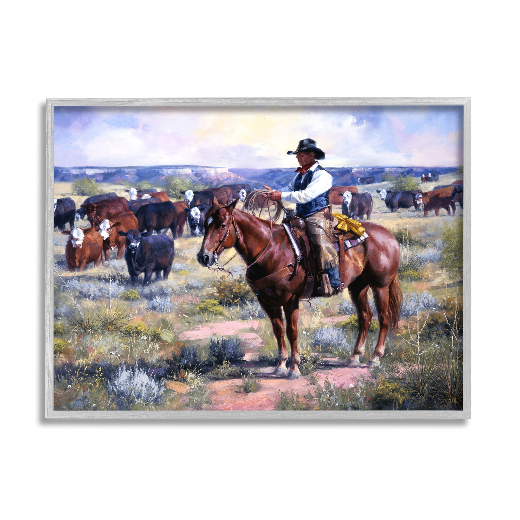 Stupell Industries Cowboy Herding Cattle Ranch Animals & Insects Painting Gray Framed Art Print Wall Art, 14 x 11