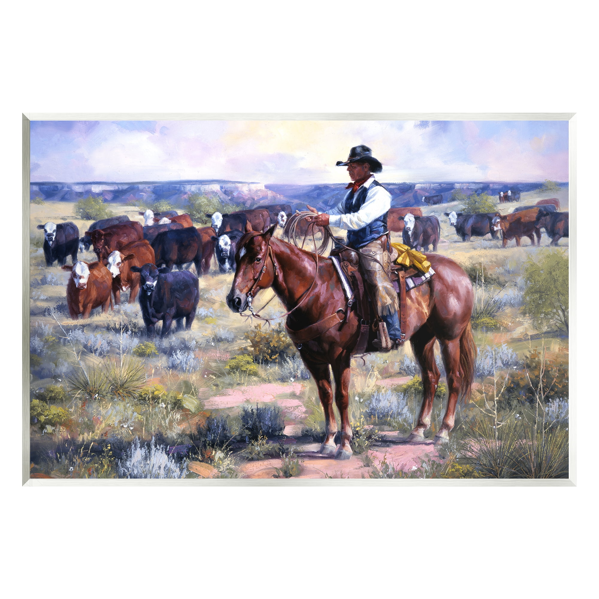 Stupell Industries Cowboy Herding Cattle Ranch Animals & Insects Painting Unframed Art Print Wall Art, 15 x 10