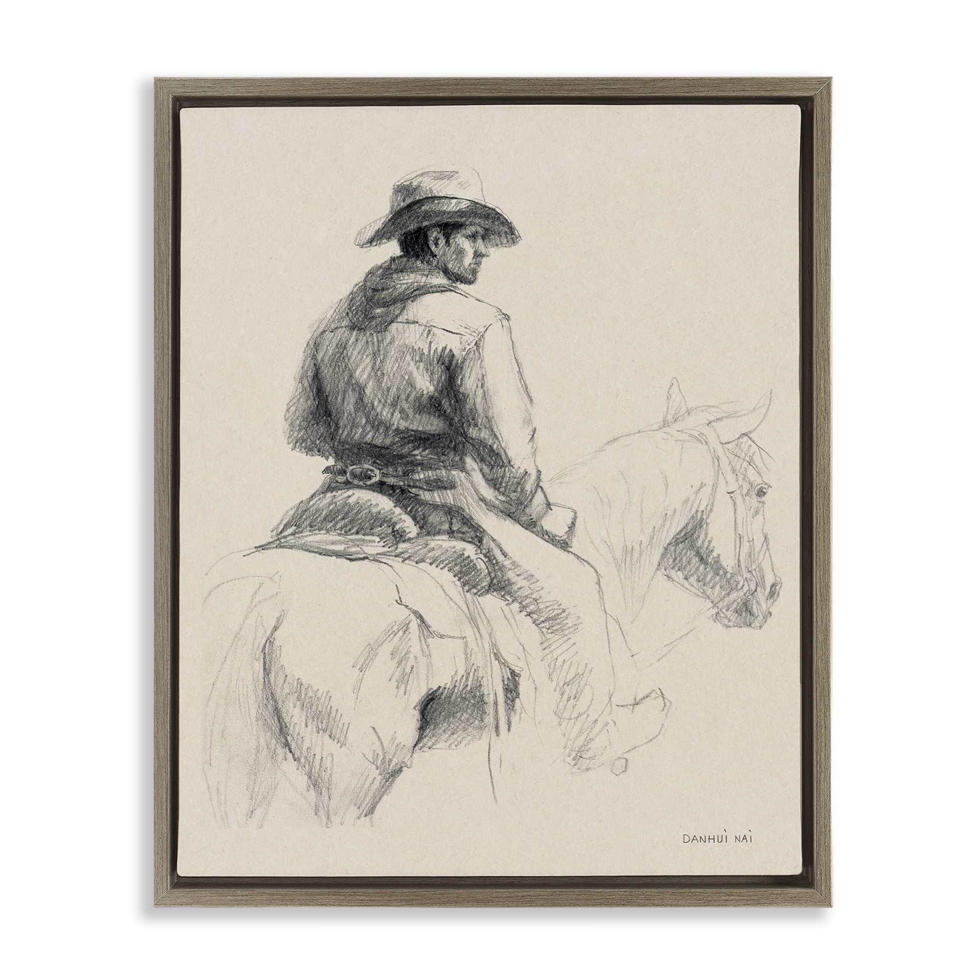 Stupell Industries Cowboy & Horse Sketch People Drawing Brown Floater Framed Canvas Art Print Wall Art, 17 x 21