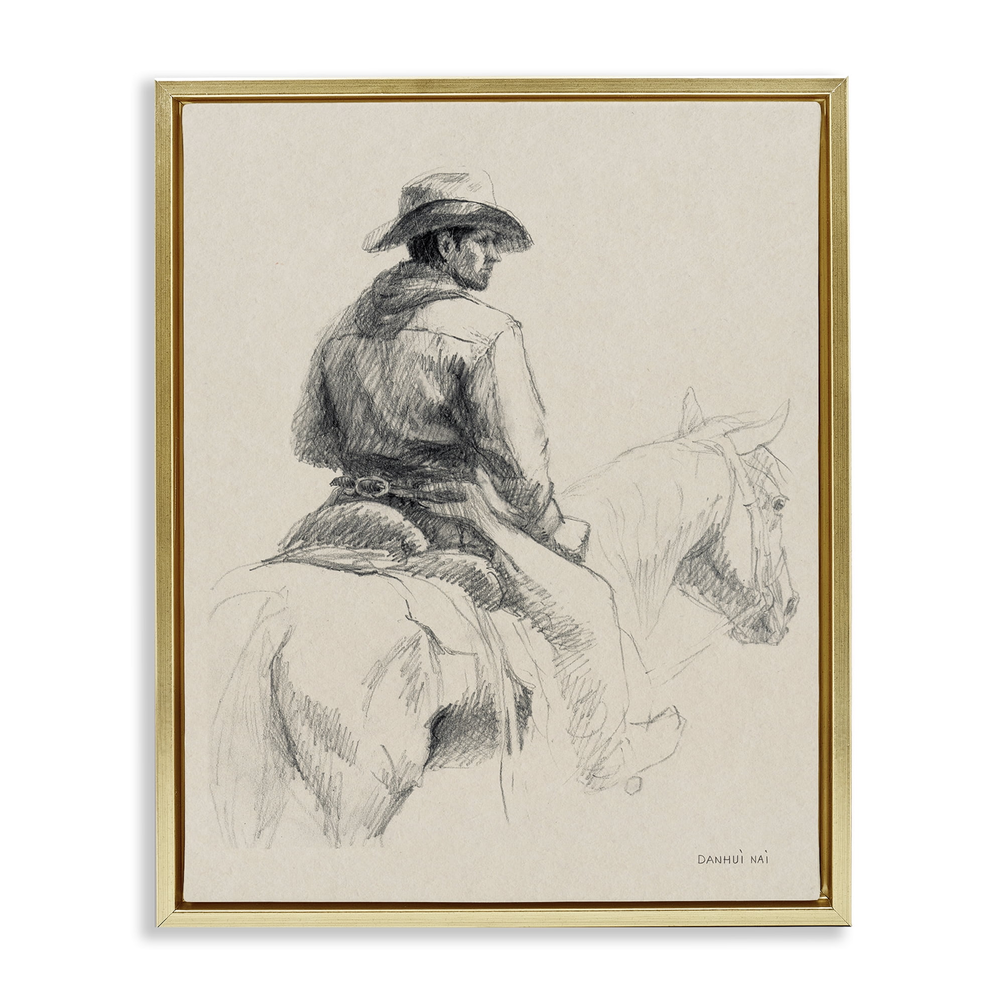 Stupell Industries Cowboy & Horse Sketch People Drawing Gold Floater Framed Canvas Art Print Wall Art, 17 x 21