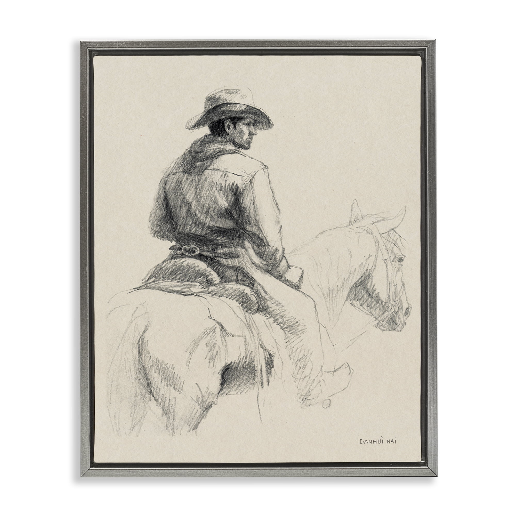 Stupell Industries Cowboy & Horse Sketch People Drawing Gray Floater Framed Canvas Art Print Wall Art, 17 x 21