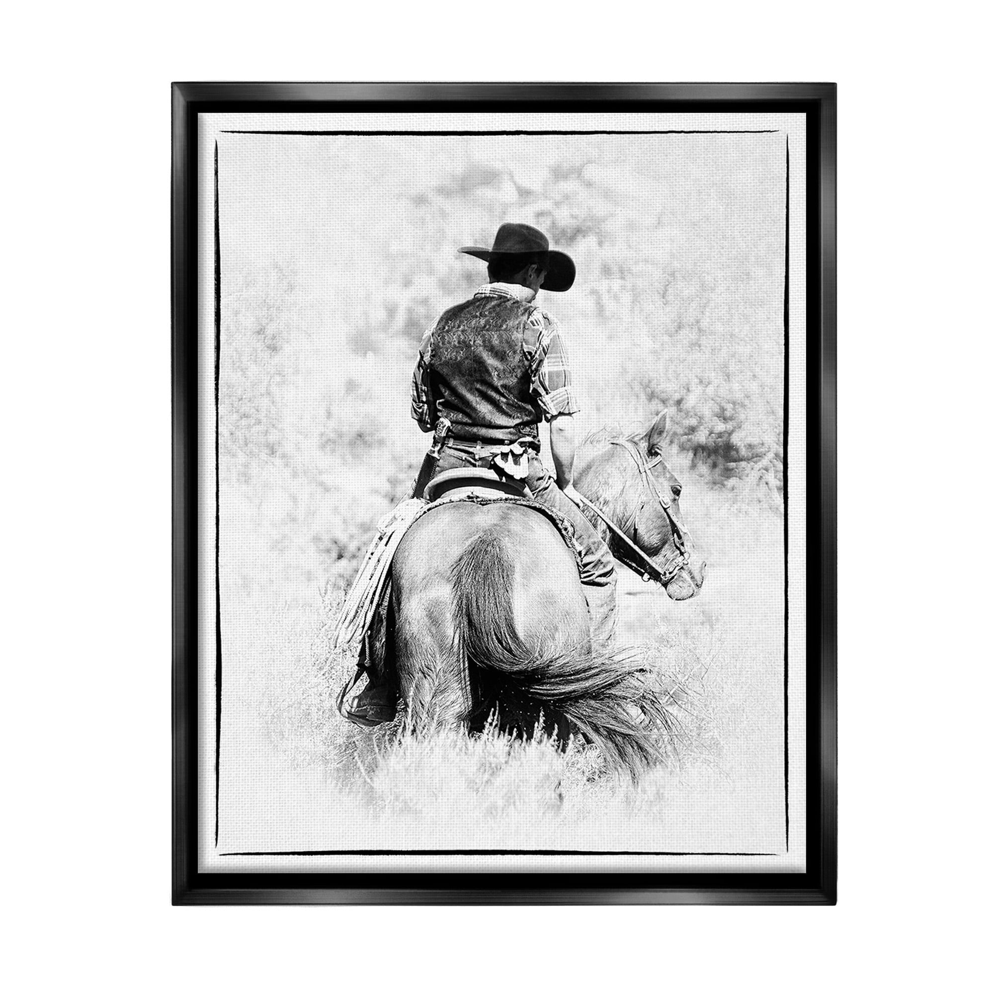 Stupell Industries Cowboy & Horse in Nature Animals & Insects Painting Black Floater Framed Canvas Art Print Wall Art, 17 x 21