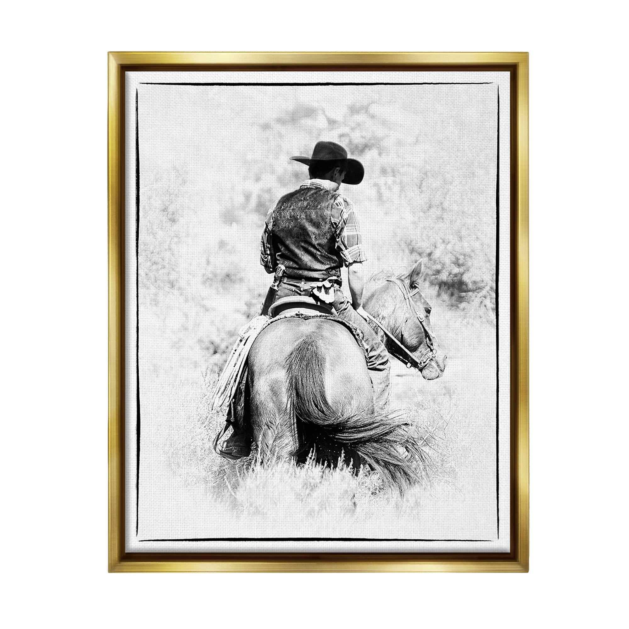 Stupell Industries Cowboy & Horse in Nature Animals & Insects Painting Gold Floater Framed Canvas Art Print Wall Art, 17 x 21