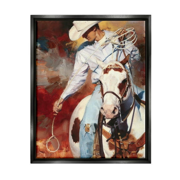 Stupell Industries Cowboy & Lasso Painting Animals & Insects Painting Black Floater Framed Art Print Wall Art, 17 x 21