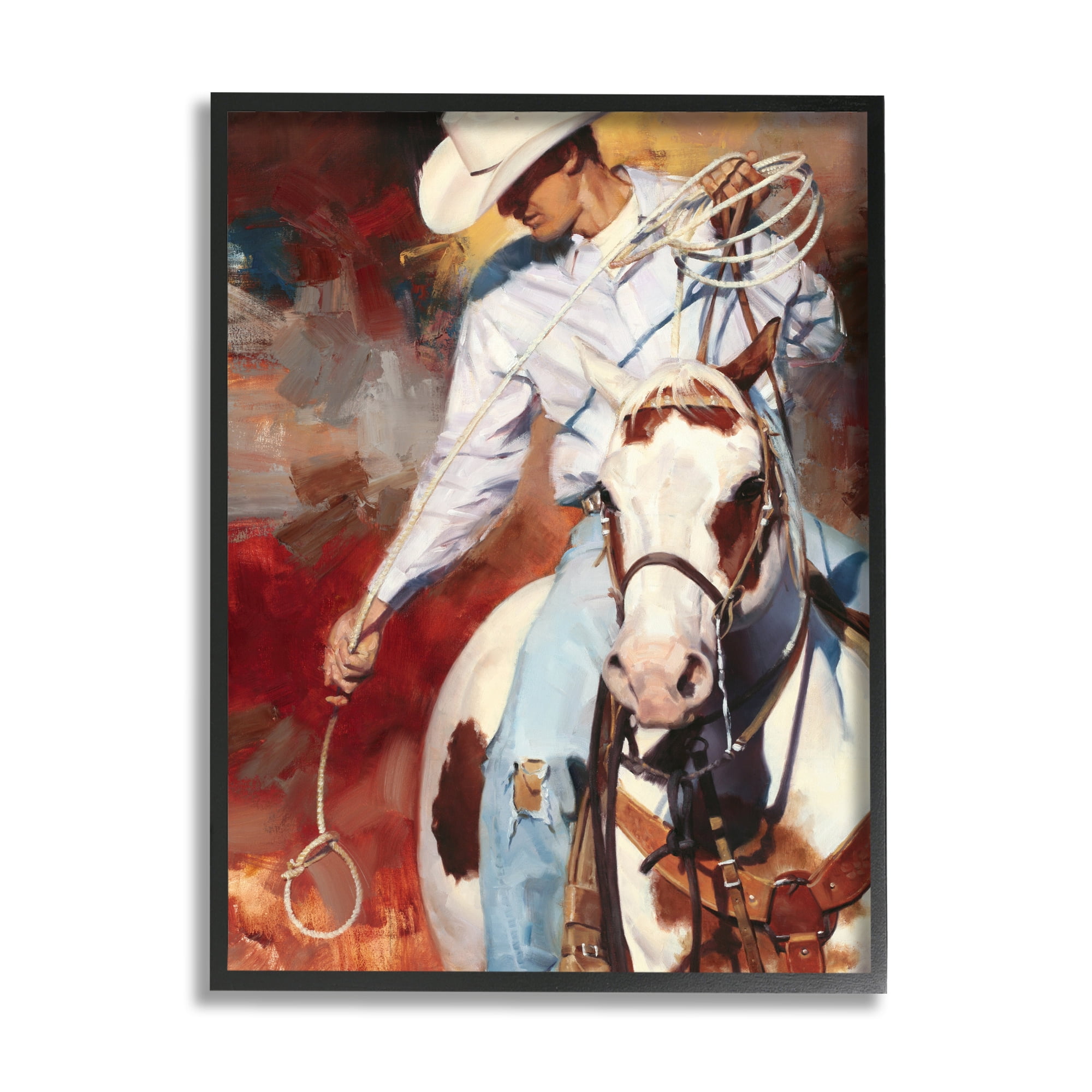 Stupell Industries Cowboy & Lasso Painting Animals & Insects Painting Black Framed Art Print Wall Art, 16 x 20