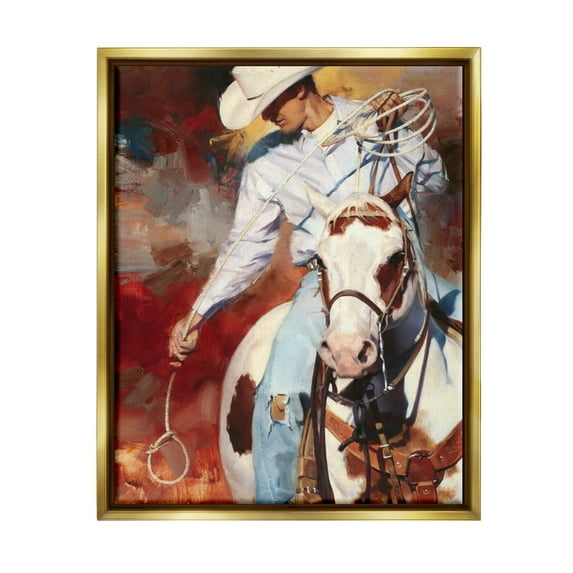 Stupell Industries Cowboy & Lasso Painting Animals & Insects Painting Gold Floater Framed Art Print Wall Art, 17 x 21