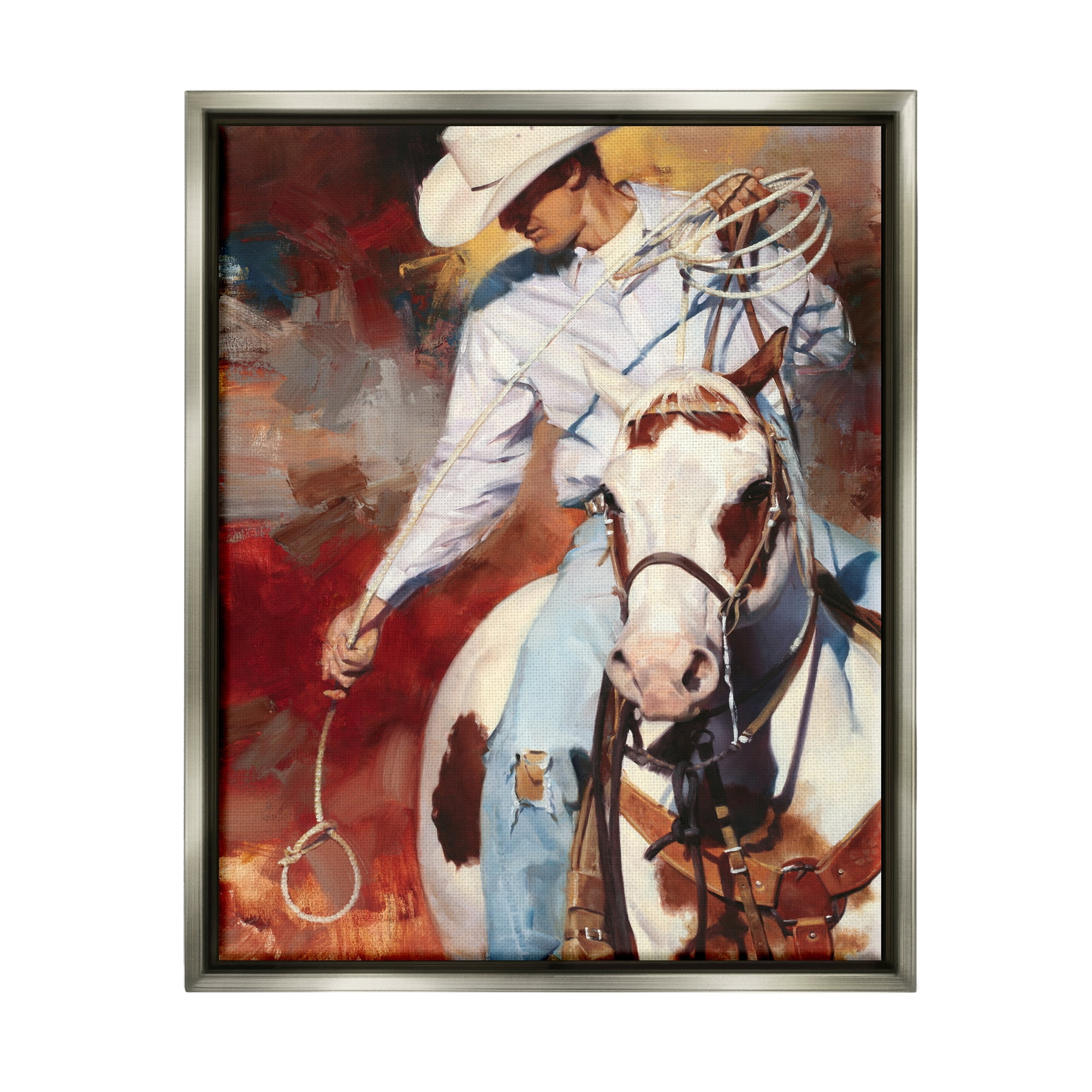 Stupell Industries Cowboy & Lasso Painting Animals & Insects Painting Gray Floater Framed Art Print Wall Art, 17 x 21