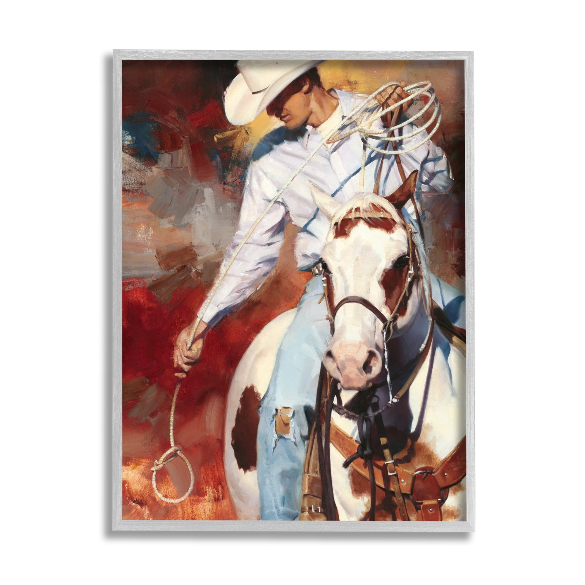 Stupell Industries Cowboy & Lasso Painting Animals & Insects Painting Gray Framed Art Print Wall Art, 24 x 30