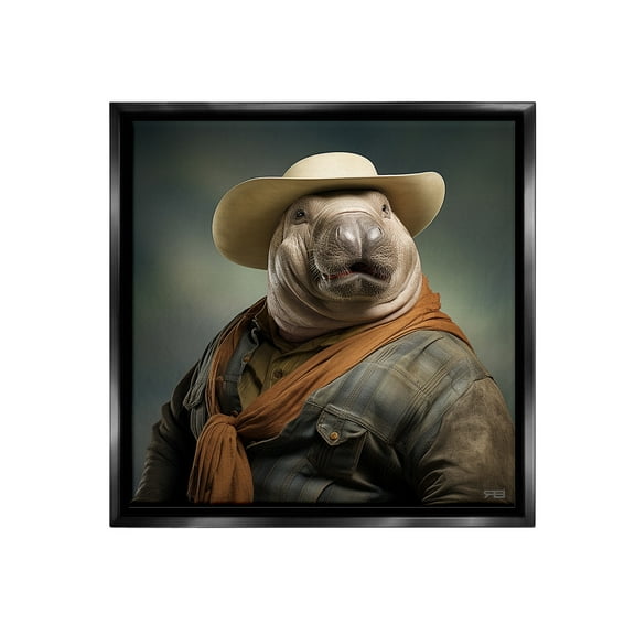 Stupell Industries Cowboy Manatee Portrait Animals & Insects Painting Black Floater Framed Canvas Art Print Wall Art, 18 x 18