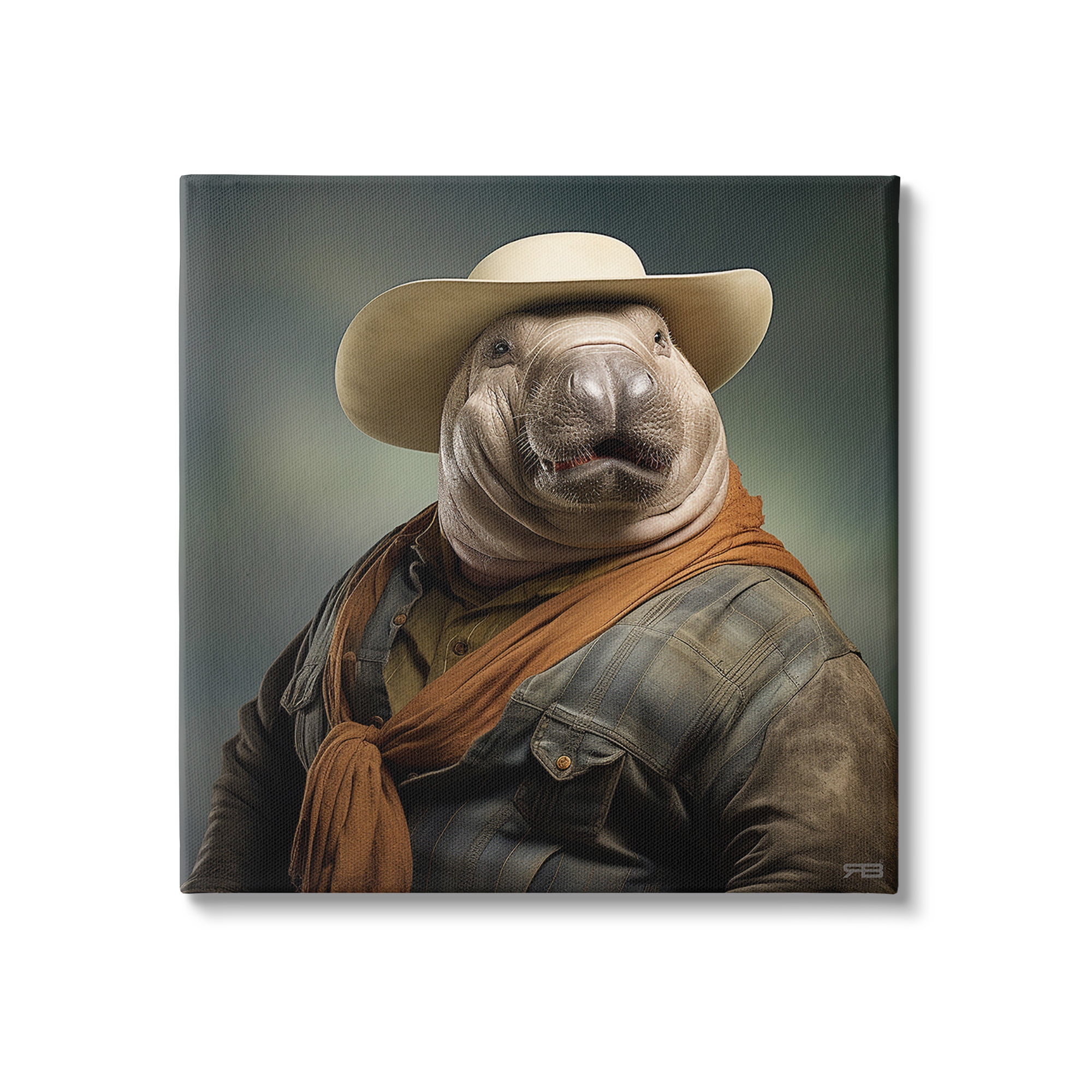Stupell Industries Cowboy Manatee Portrait Animals & Insects Painting Gallery Wrapped Canvas Art Print Wall Art, 17 x 17