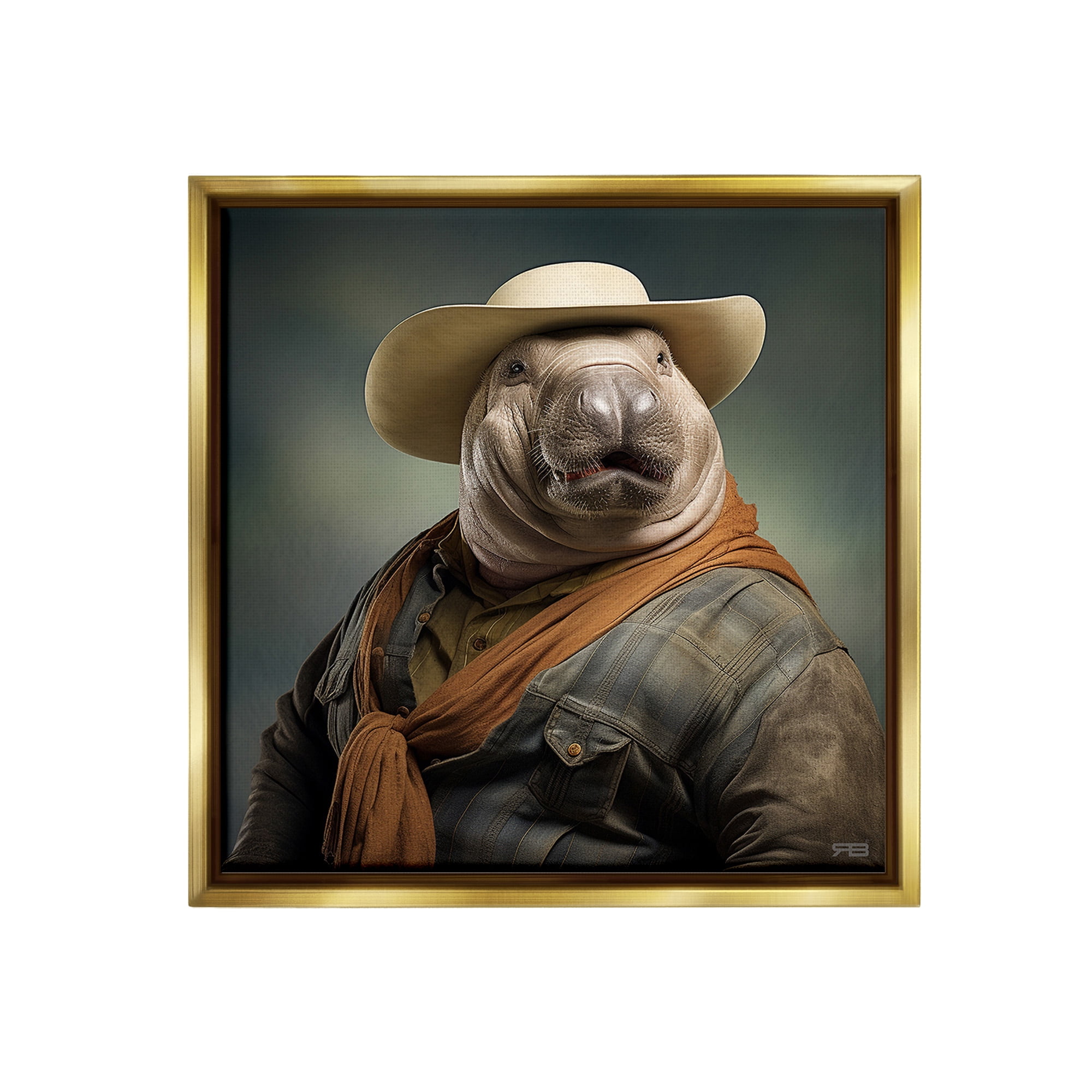 Stupell Industries Cowboy Manatee Portrait Animals & Insects Painting Gold Floater Framed Canvas Art Print Wall Art, 18 x 18