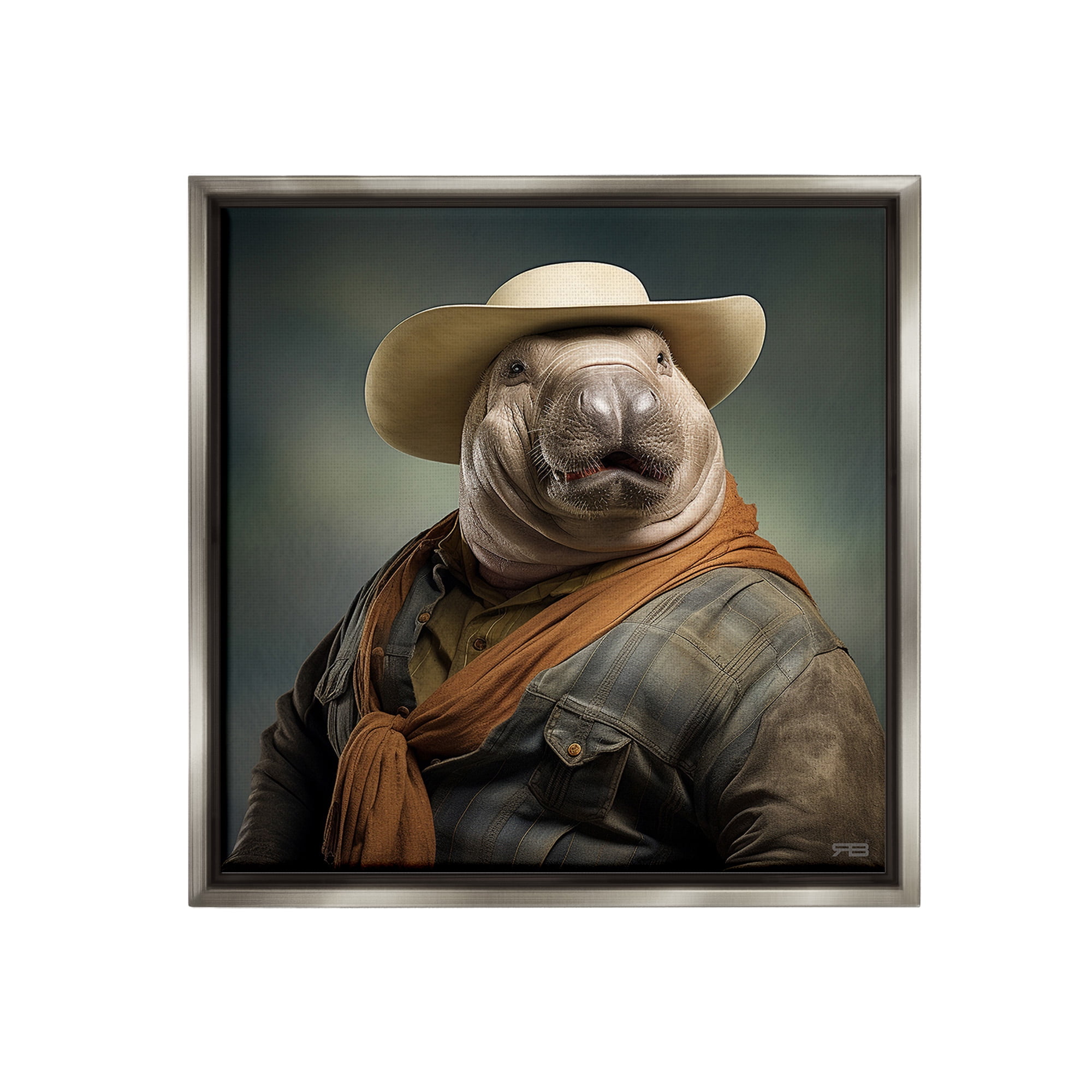 Stupell Industries Cowboy Manatee Portrait Animals & Insects Painting Gray Floater Framed Canvas Art Print Wall Art, 25 x 25