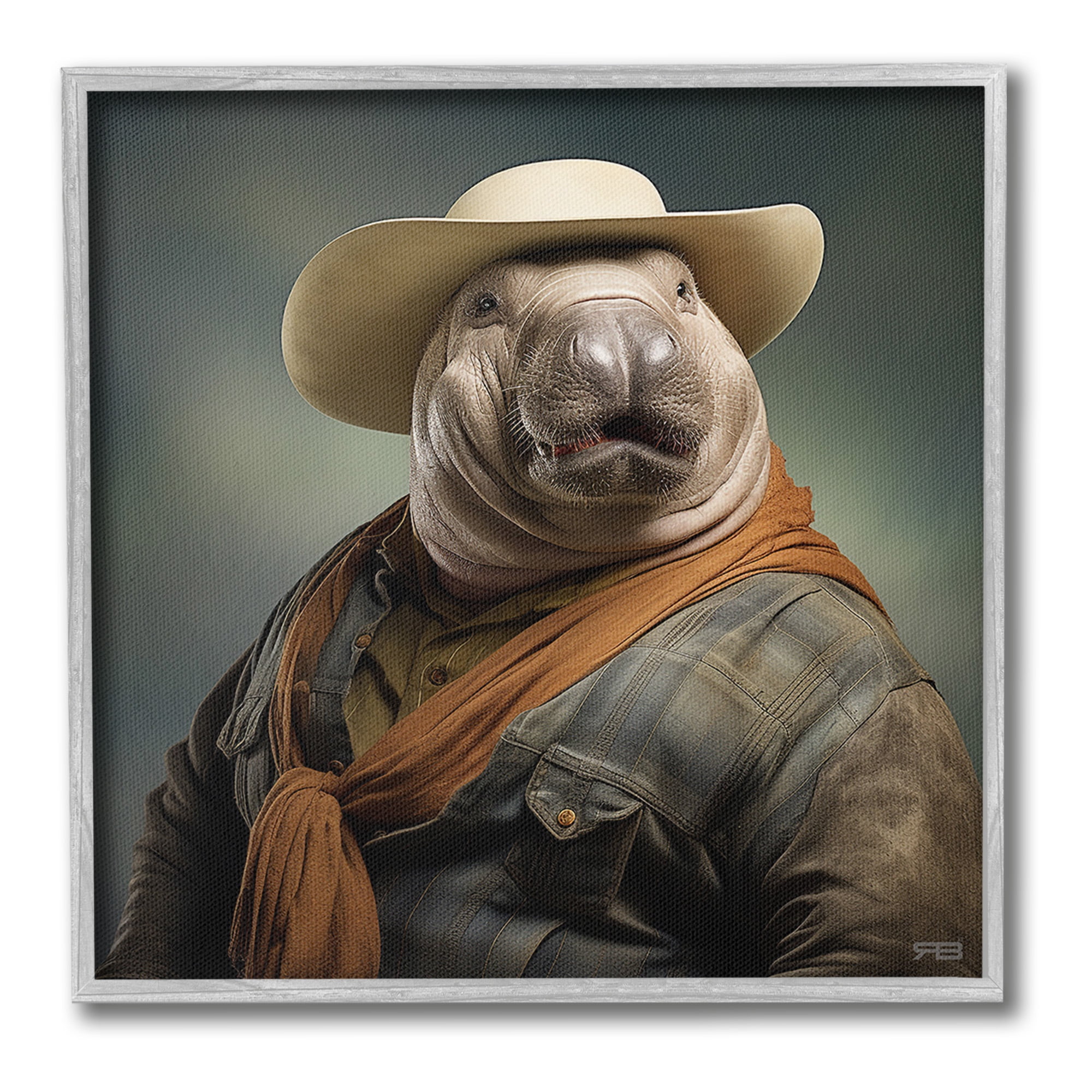 Stupell Industries Cowboy Manatee Portrait Animals & Insects Painting Gray Framed Art Print Wall Art, 24 x 24