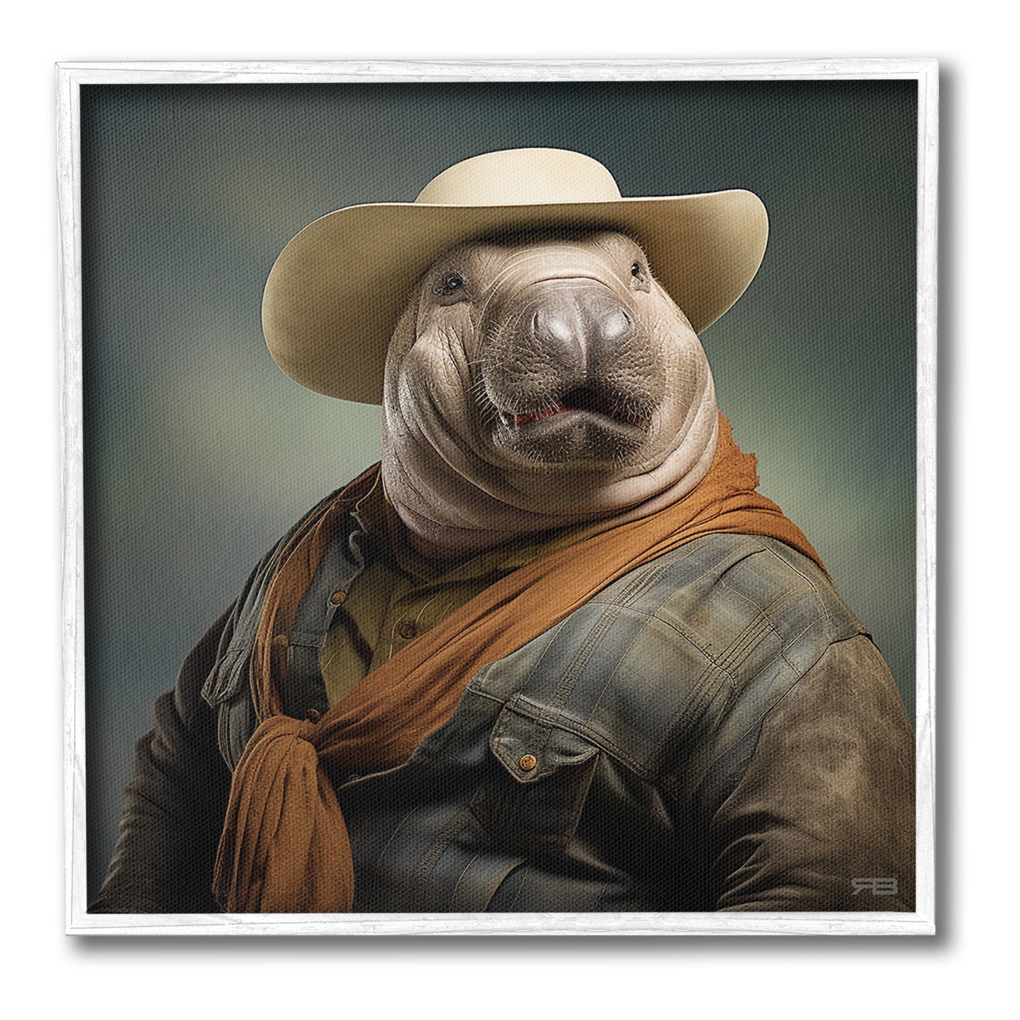 Stupell Industries Cowboy Manatee Portrait Animals & Insects Painting White Framed Art Print Wall Art, 12 x 12