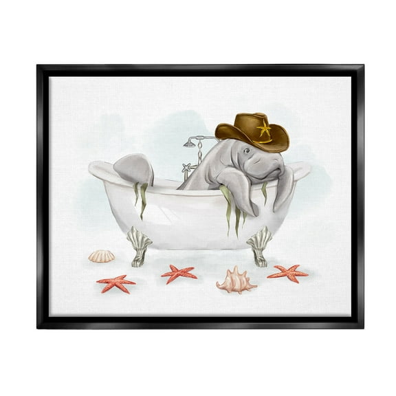 Stupell Industries Cowboy Manatee in Tub Animals & Insects Painting Black Floater Framed Canvas Art Print Wall Art, 21 x 17