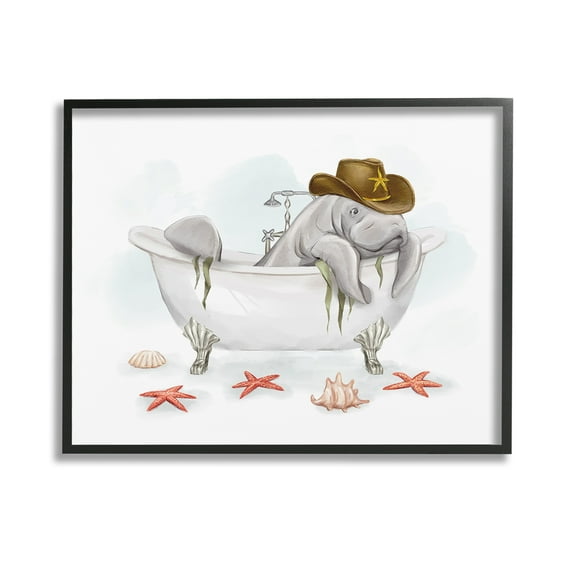 Stupell Industries Cowboy Manatee in Tub Animals & Insects Painting Black Framed Art Print Wall Art, 14 x 11