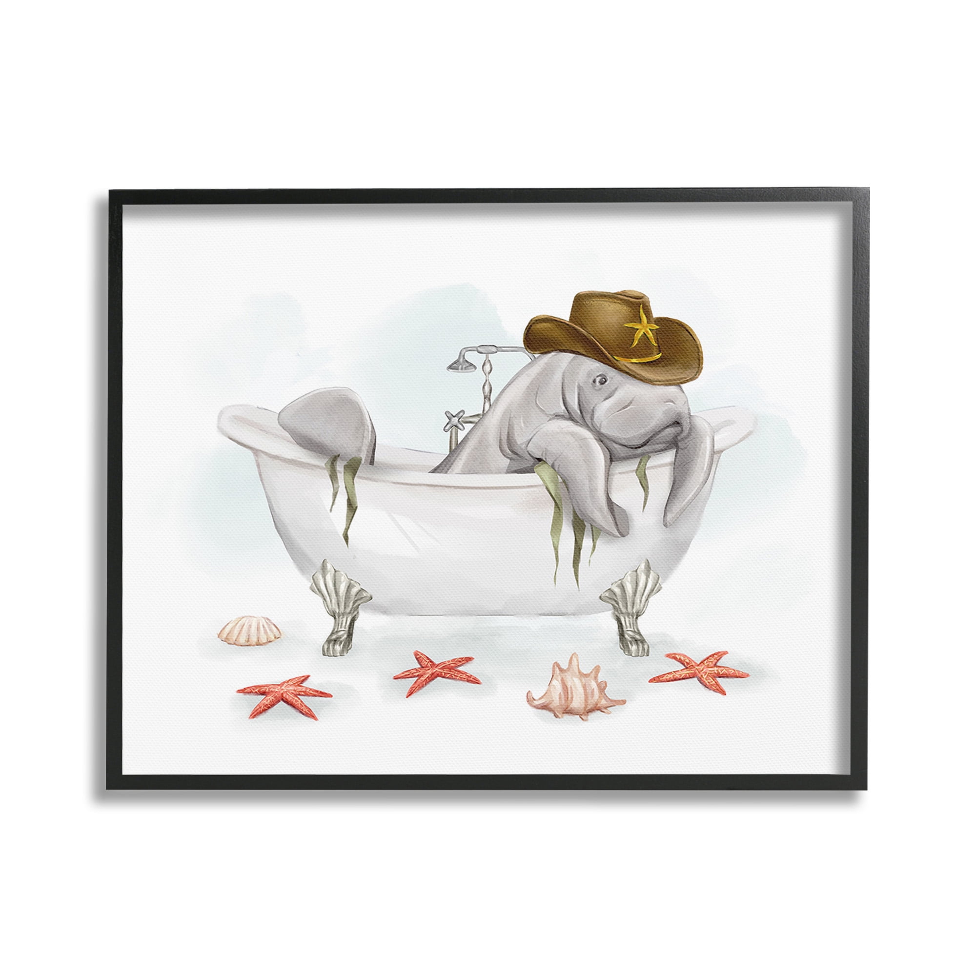 Stupell Industries Cowboy Manatee in Tub Animals & Insects Painting Black Framed Art Print Wall Art, 20 x 16