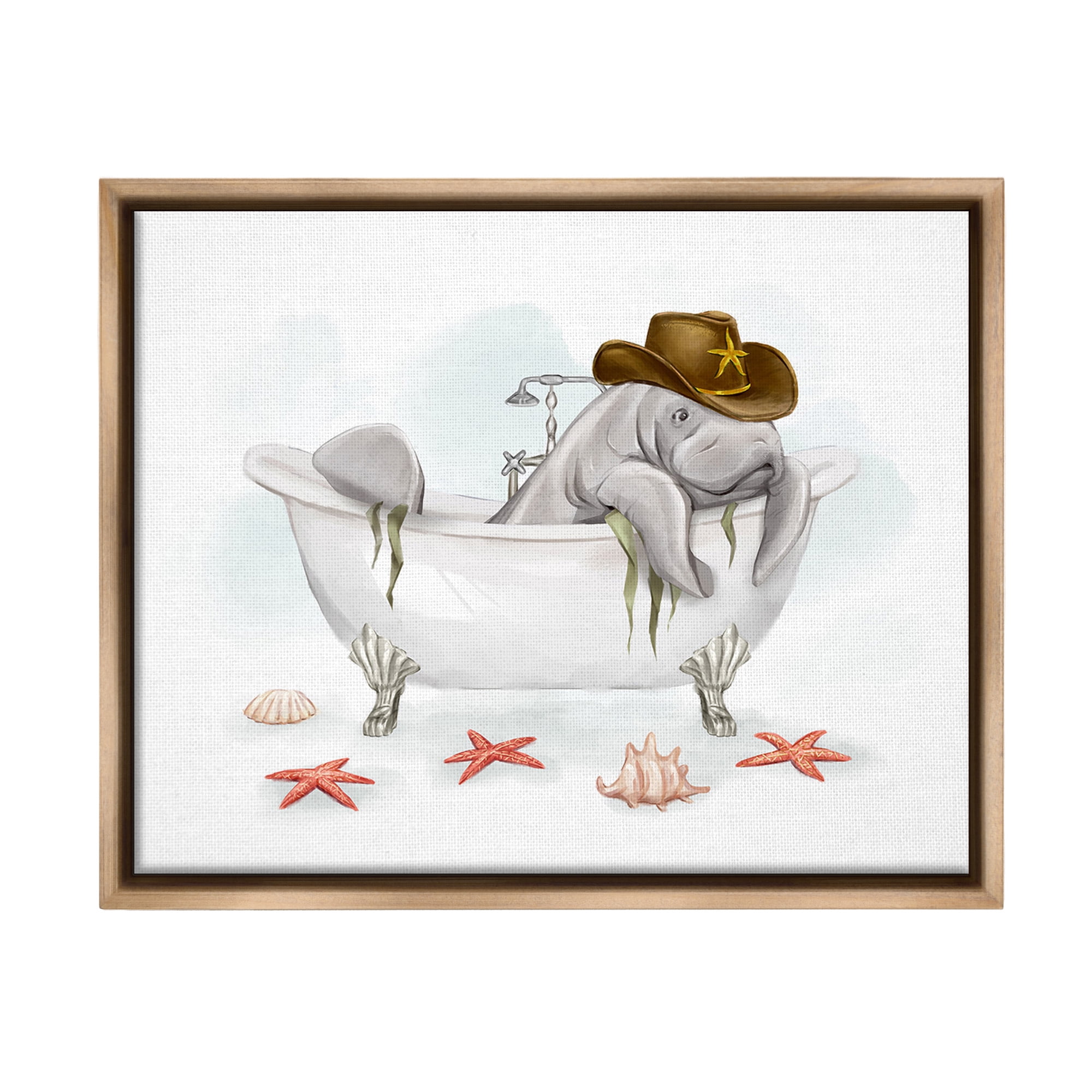 Stupell Industries Cowboy Manatee in Tub Animals & Insects Painting Brown Floater Framed Canvas Art Print Wall Art, 31 x 25