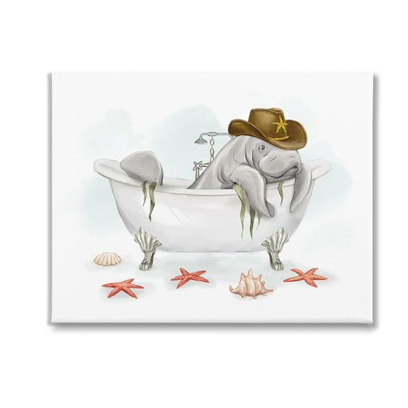 Stupell Industries Cowboy Manatee in Tub Animals & Insects Painting Gallery Wrapped Canvas Art Print Wall Art, 20 x 16