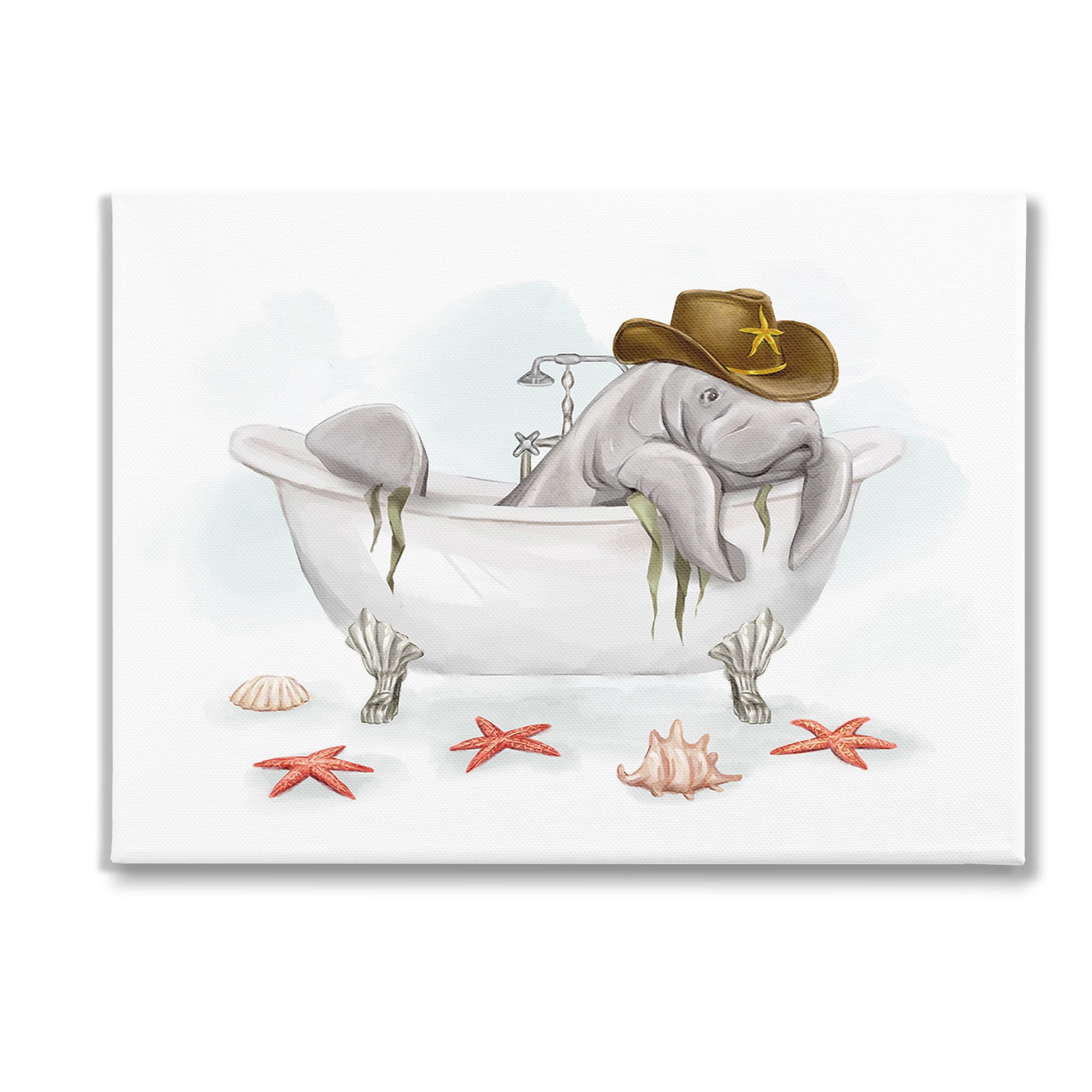 Stupell Industries Cowboy Manatee in Tub Animals & Insects Painting Gallery Wrapped Canvas Art Print Wall Art, 40 x 30