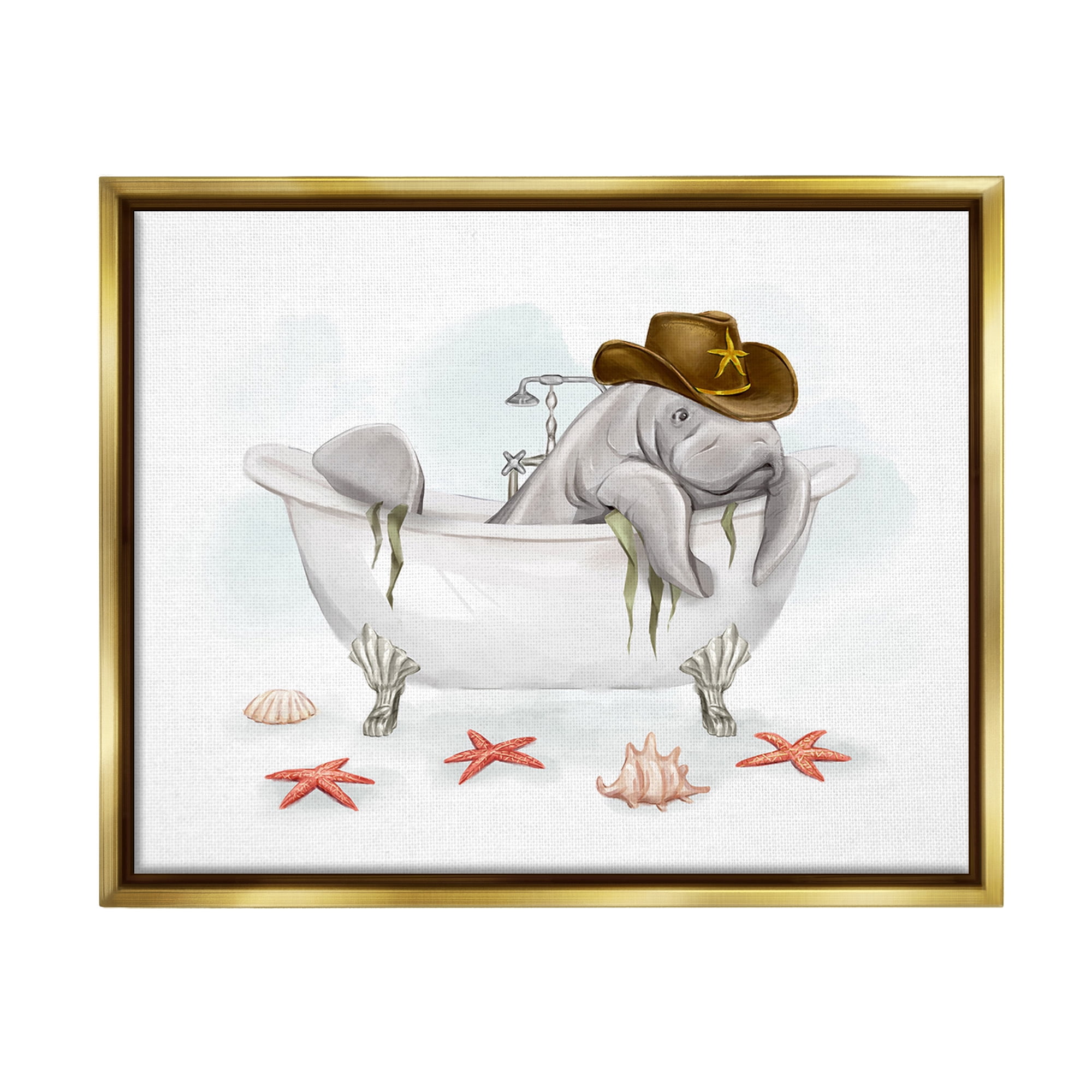 Stupell Industries Cowboy Manatee in Tub Animals & Insects Painting Gold Floater Framed Canvas Art Print Wall Art, 31 x 25