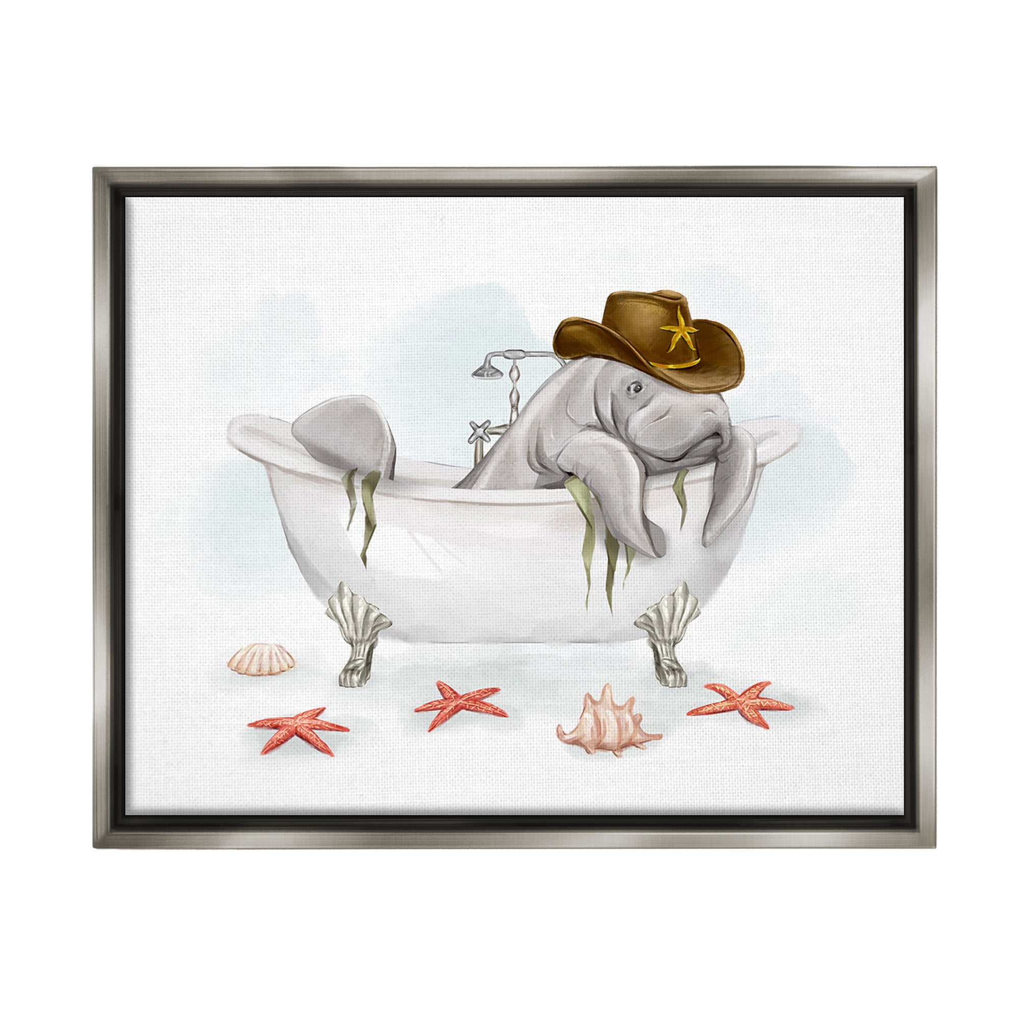 Stupell Industries Cowboy Manatee in Tub Animals & Insects Painting Gray Floater Framed Canvas Art Print Wall Art, 21 x 17