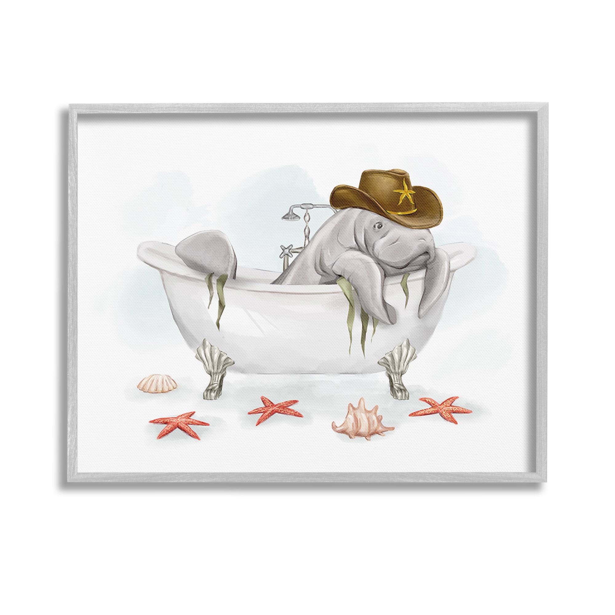 Stupell Industries Cowboy Manatee in Tub Animals & Insects Painting Gray Framed Art Print Wall Art, 14 x 11