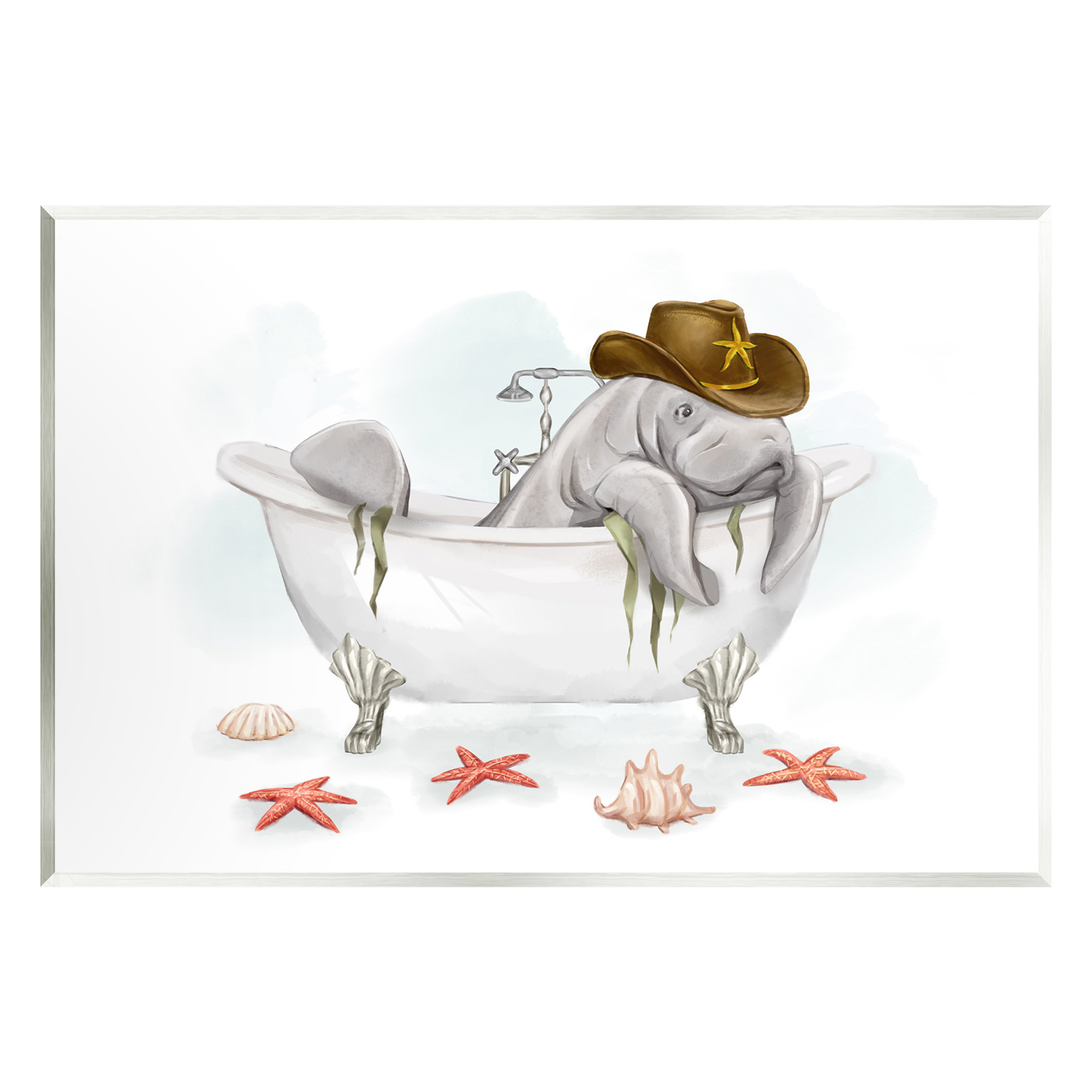 Stupell Industries Cowboy Manatee in Tub Animals & Insects Painting Unframed Art Print Wall Art, 15 x 10