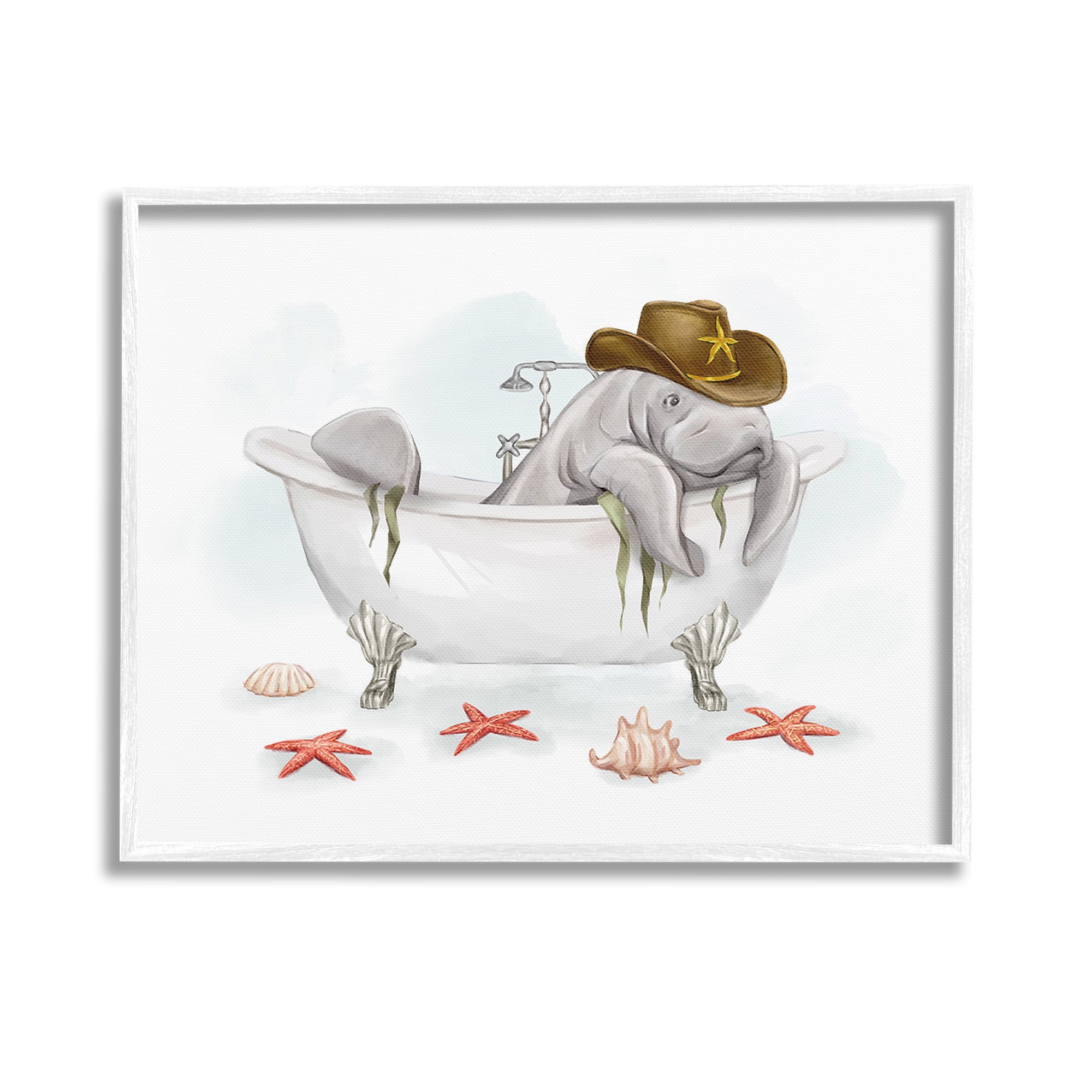 Stupell Industries Cowboy Manatee in Tub Animals & Insects Painting White Framed Art Print Wall Art, 14 x 11