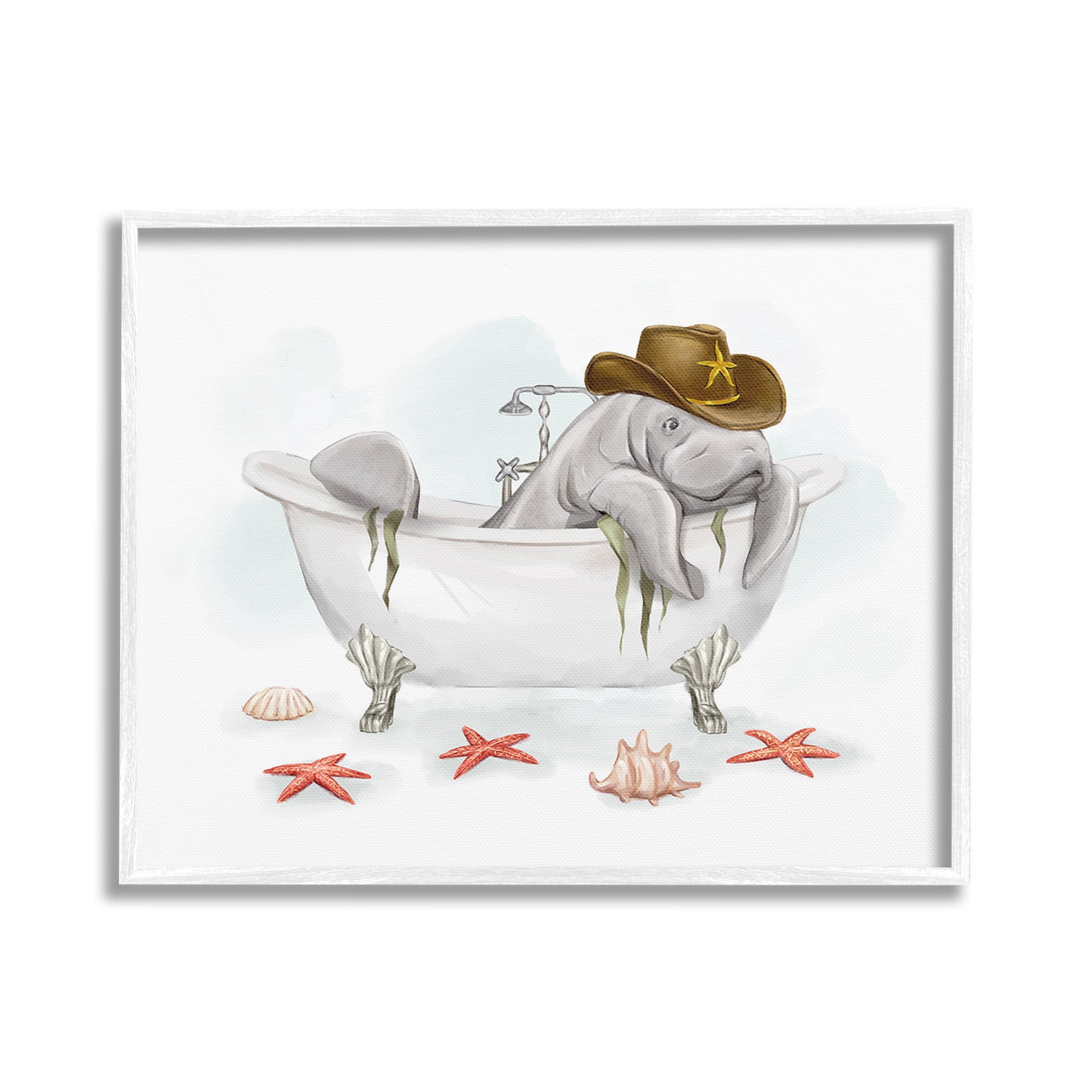 Stupell Industries Cowboy Manatee in Tub Animals & Insects Painting White Framed Art Print Wall Art, 30 x 24