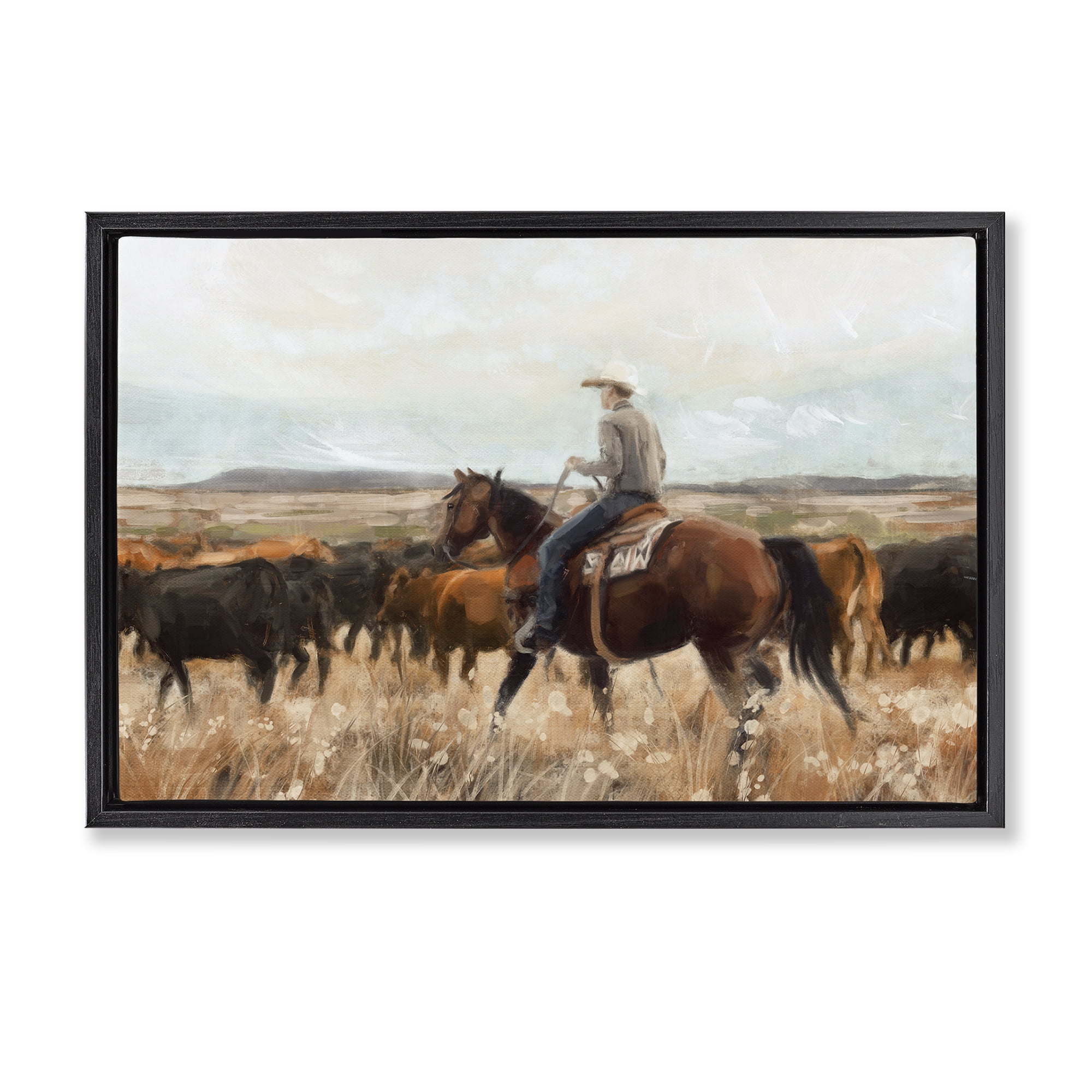 Stupell Industries Cowboy On The Range Landscape & Nature Painting Black Floater Framed Canvas Art Print Wall Art, 31 x 21