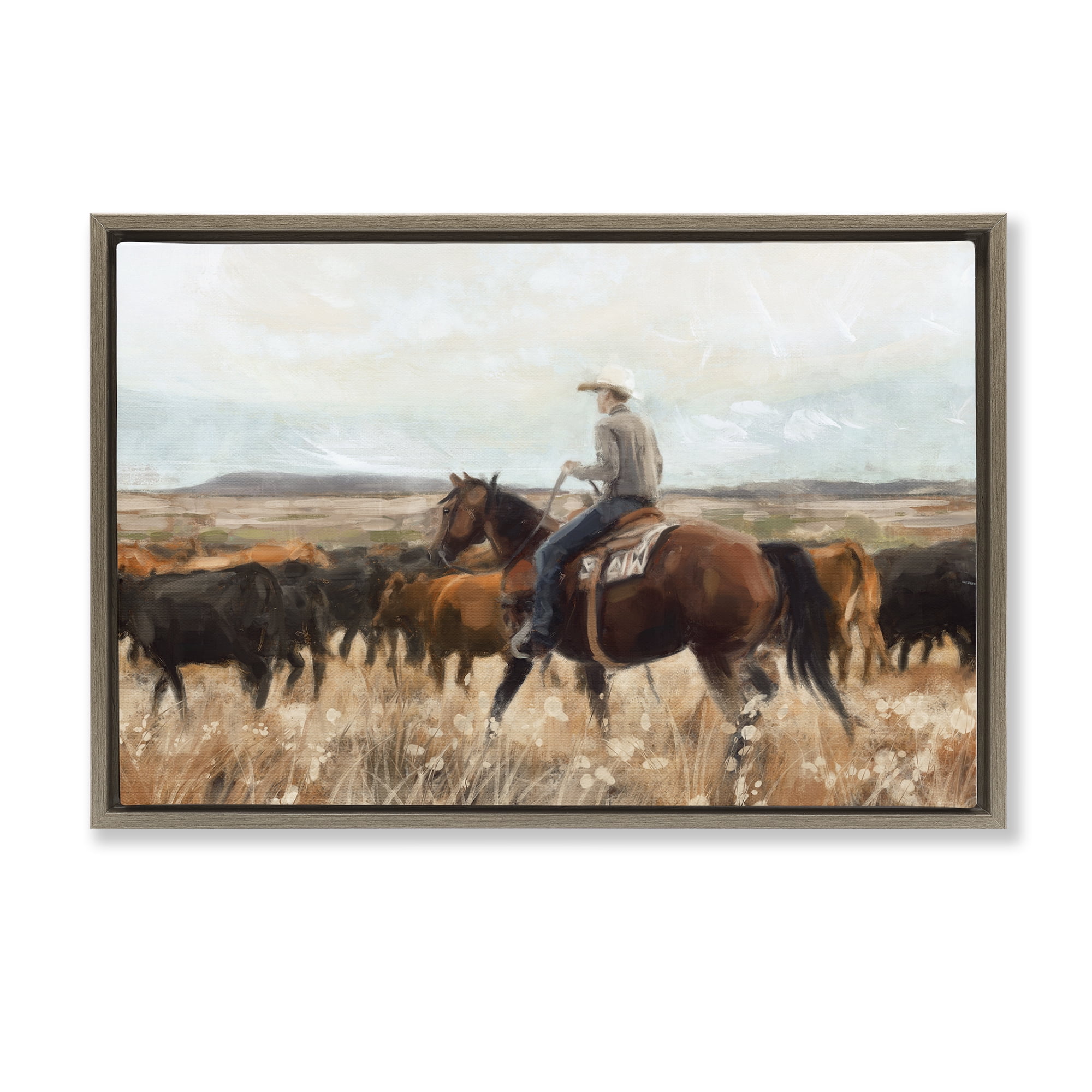 Stupell Industries Cowboy On The Range Landscape & Nature Painting Brown Floater Framed Canvas Art Print Wall Art, 31 x 21