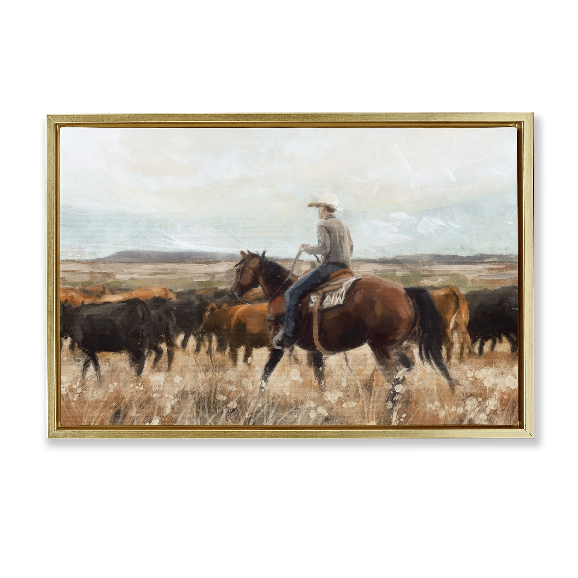 Stupell Industries Cowboy On The Range Landscape & Nature Painting Gold Floater Framed Canvas Art Print Wall Art, 31 x 21