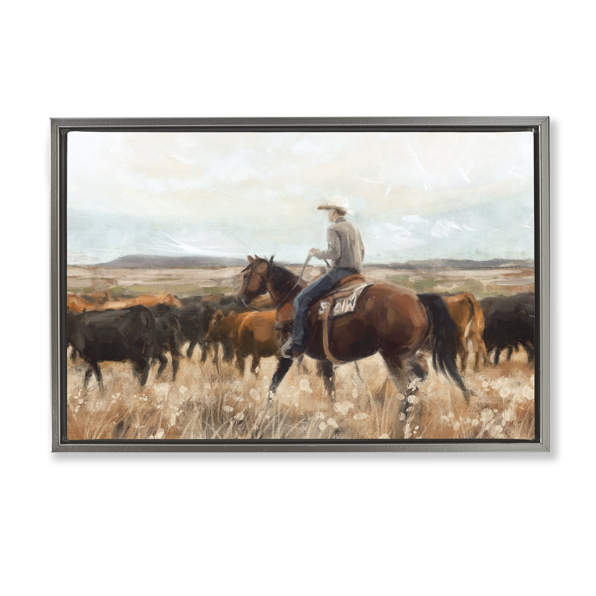 Stupell Industries Cowboy On The Range Landscape & Nature Painting Gray Floater Framed Canvas Art Print Wall Art, 31 x 21