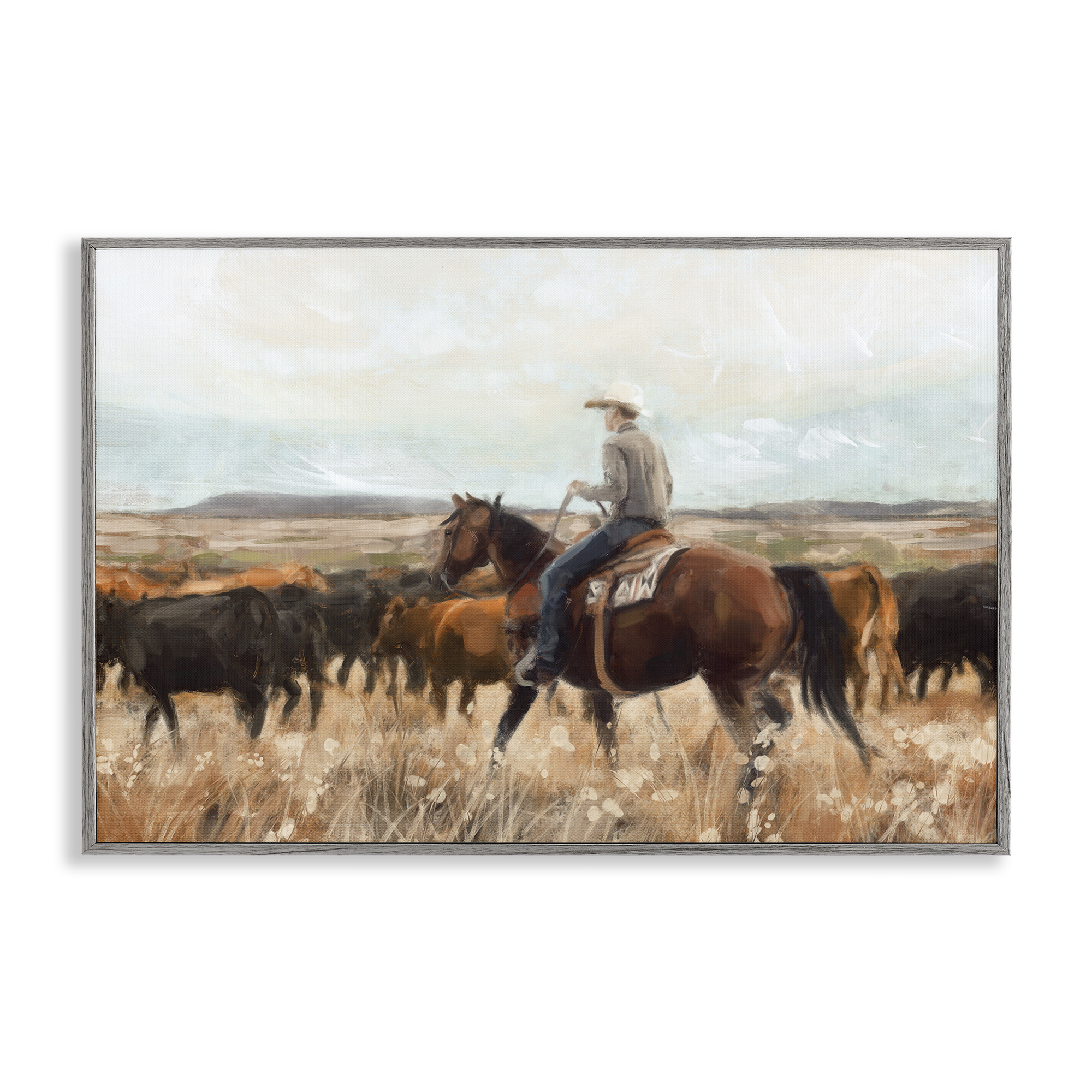 Stupell Industries Cowboy On The Range Landscape & Nature Painting Gray Framed Art Print Wall Art, 30 x 20