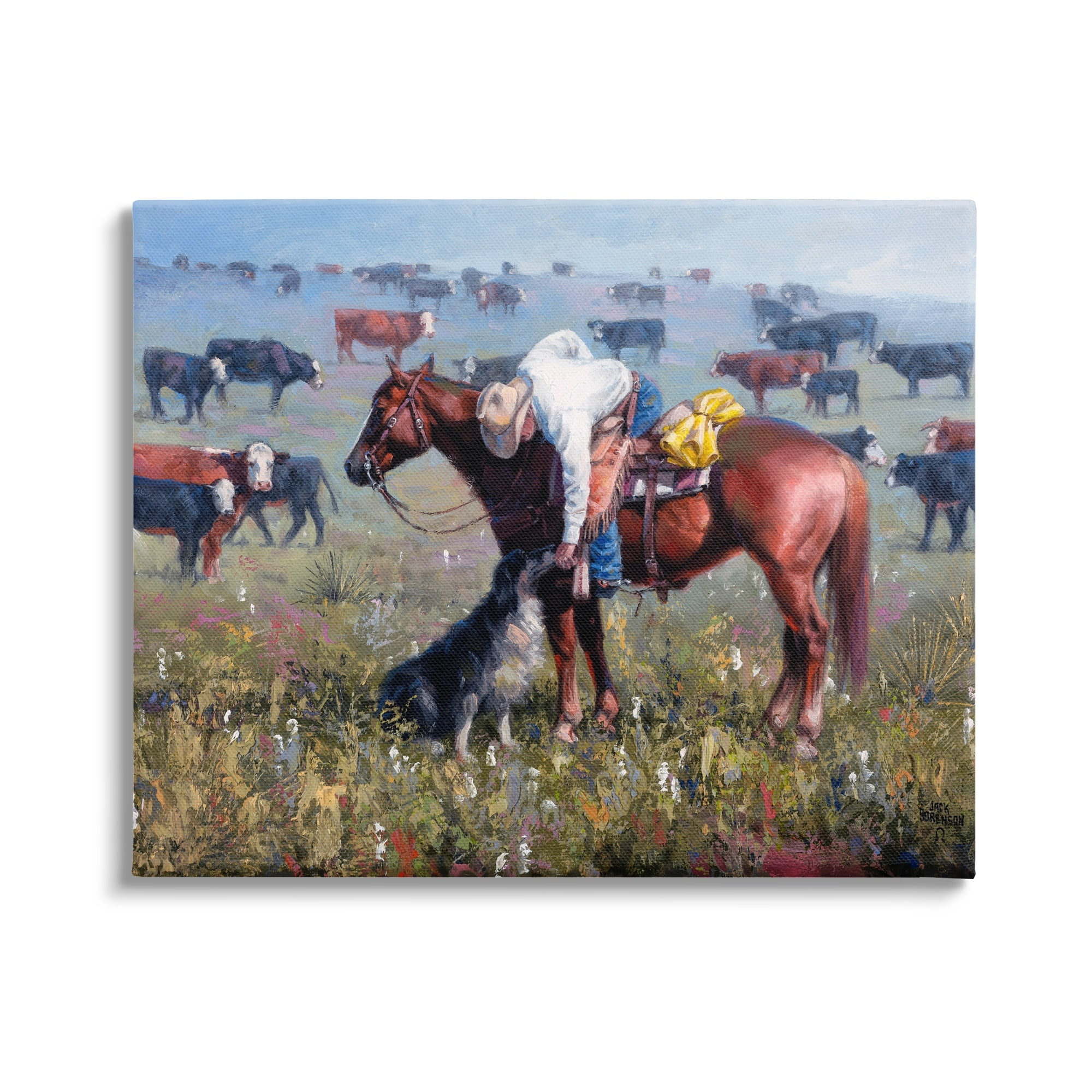 Stupell Industries Cowboy Petting Shepherd Farm Dog Cattle Grasslands Landscape,20 x 16, Design by Jack Sorenson