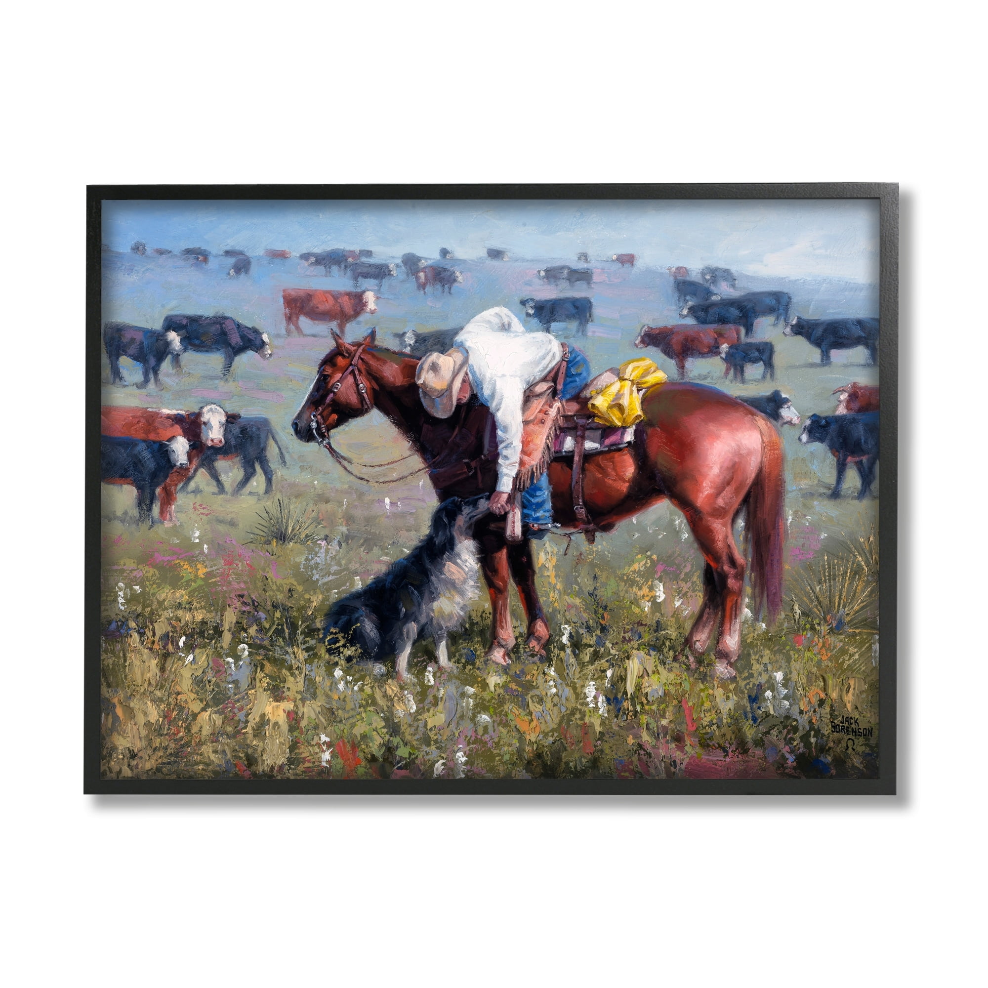 Stupell Industries Cowboy Petting Shepherd Farm Dog Cattle Grasslands Landscape,20 x 16, Design by Jack Sorenson