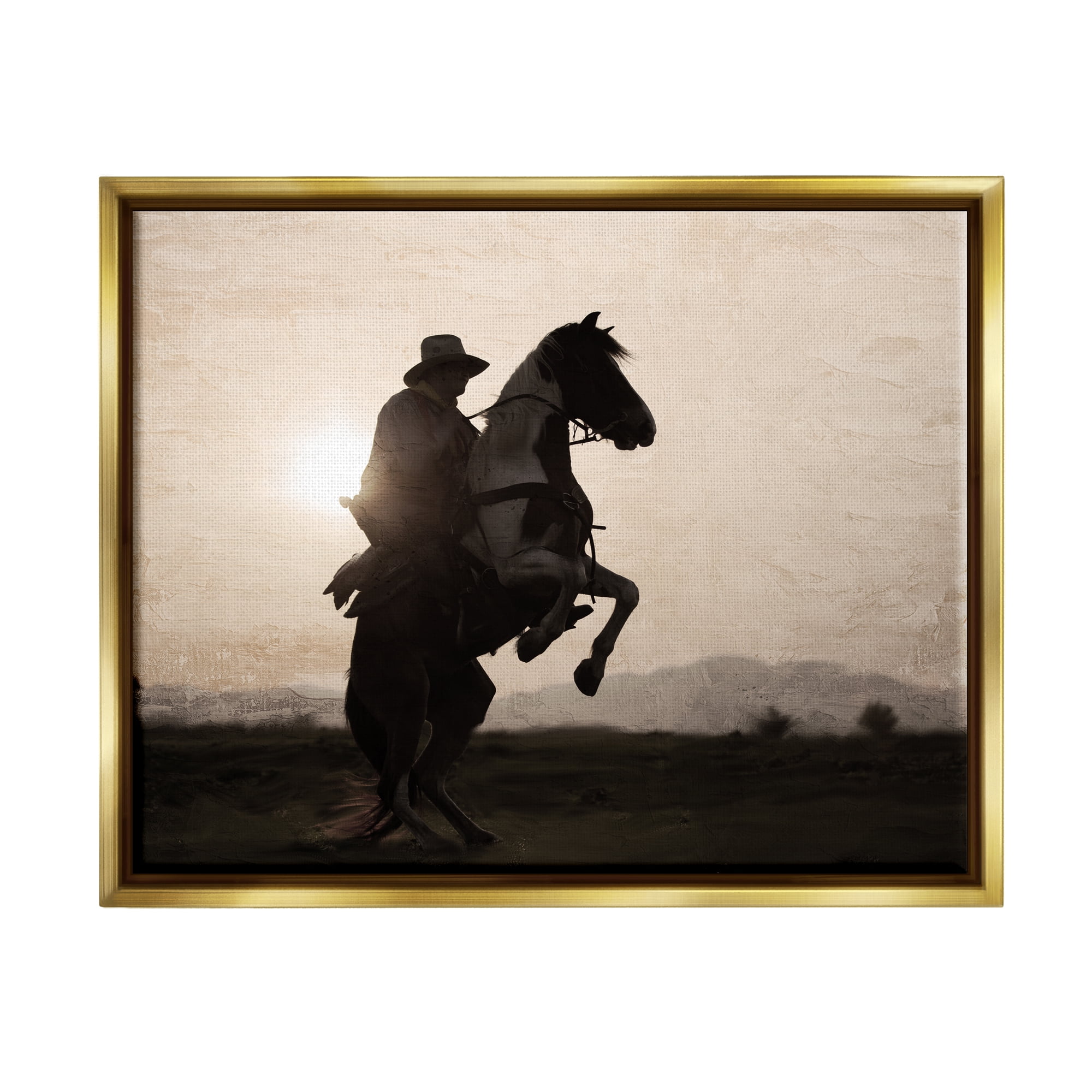 Stupell Industries Cowboy & Rearing Horse Animals & Insects Photography Gold Floater Framed Canvas Art Print Wall Art, 31 x 25