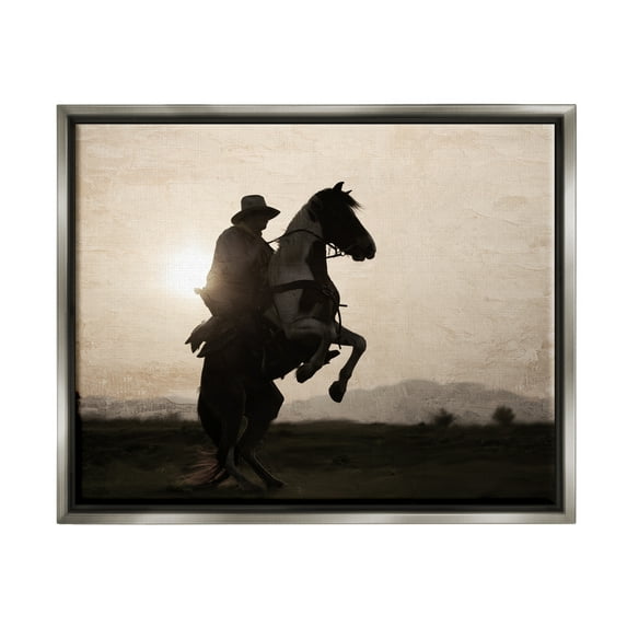Stupell Industries Cowboy & Rearing Horse Animals & Insects Photography Gray Floater Framed Canvas Art Print Wall Art, 21 x 17